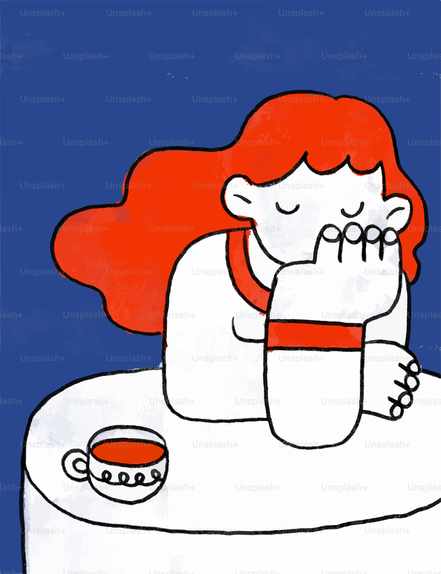 Woman with red hair resting head on hand near cup