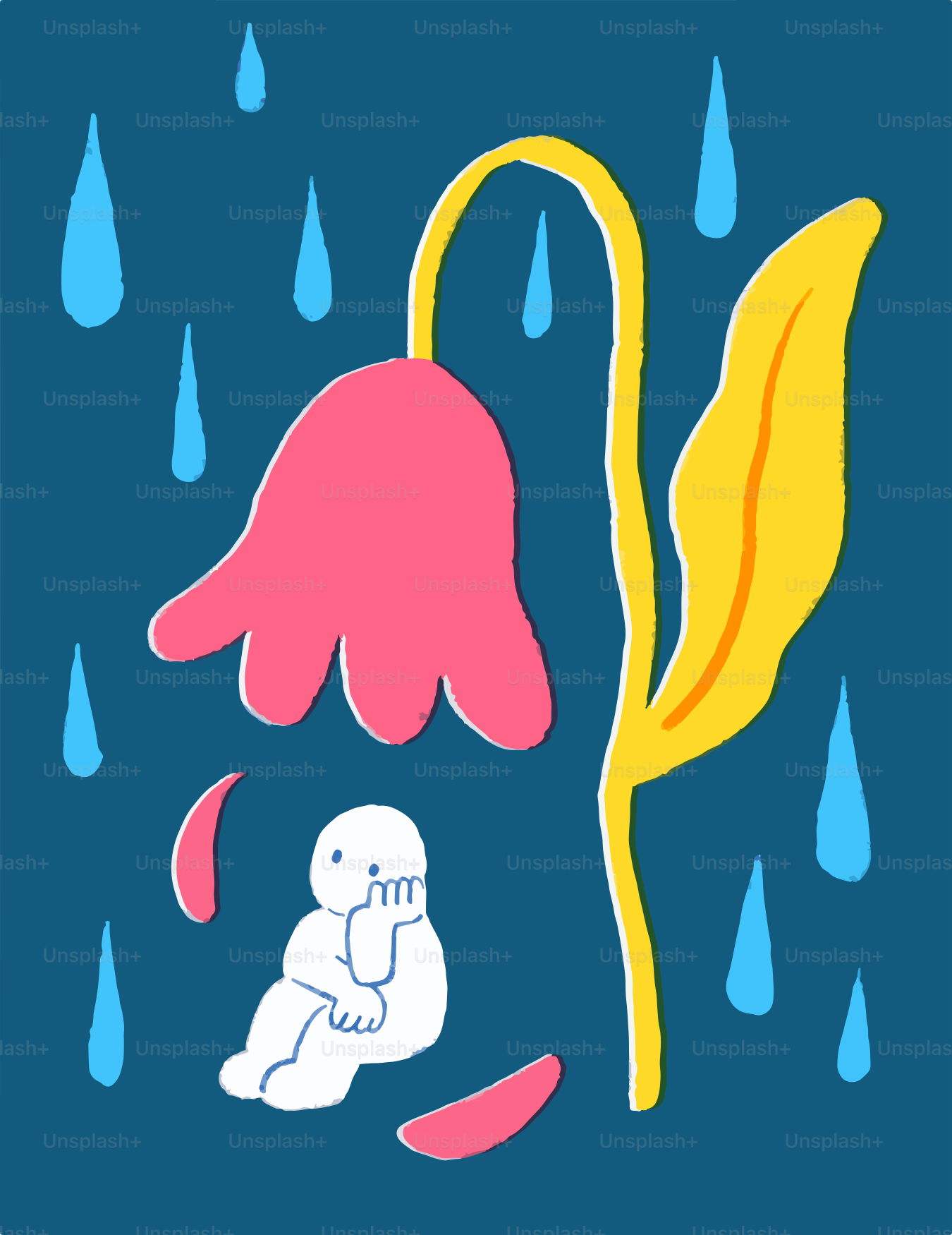 A person sits under a flower while it rains
