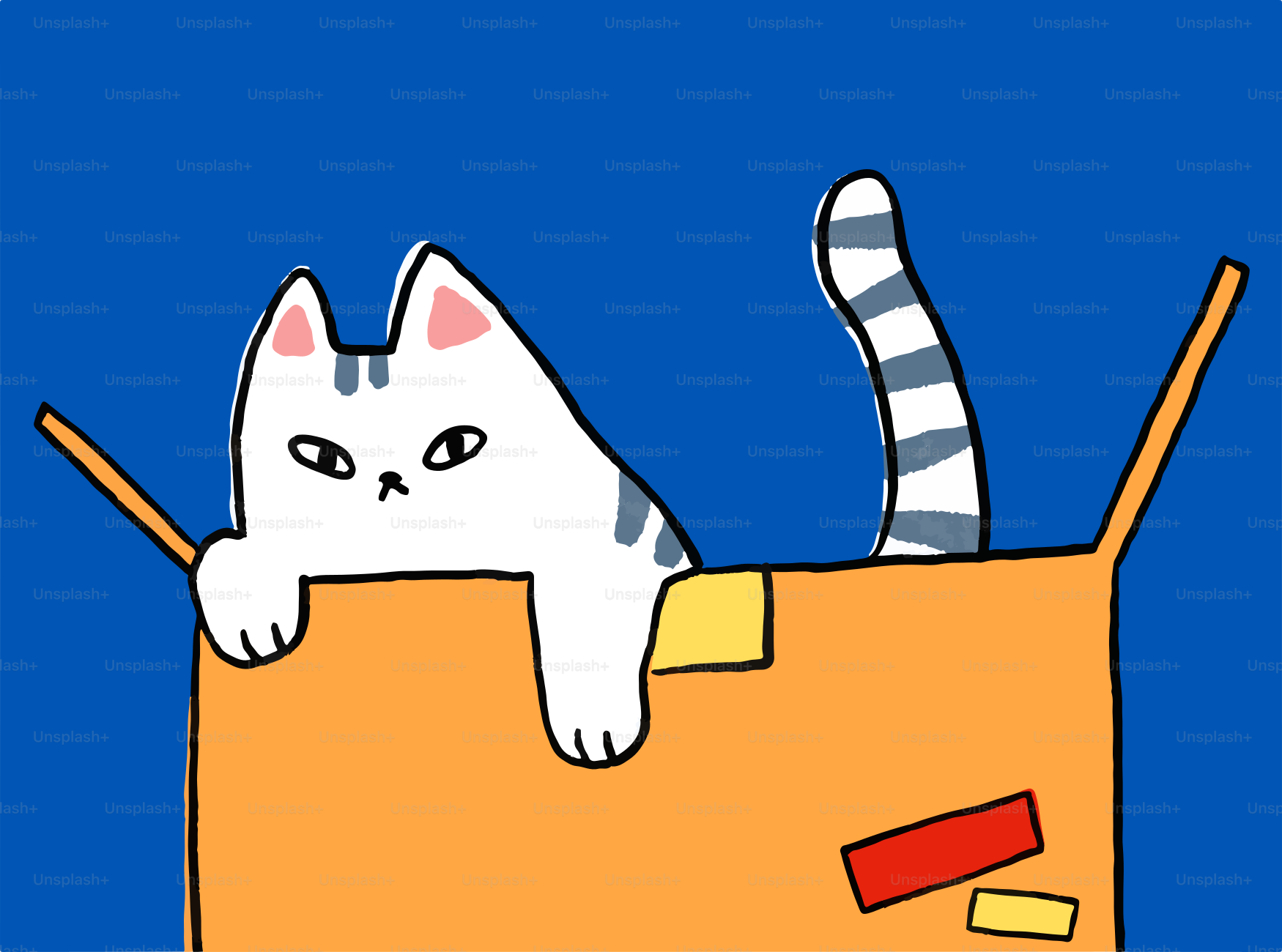 A grumpy cat peeking out of a cardboard box.