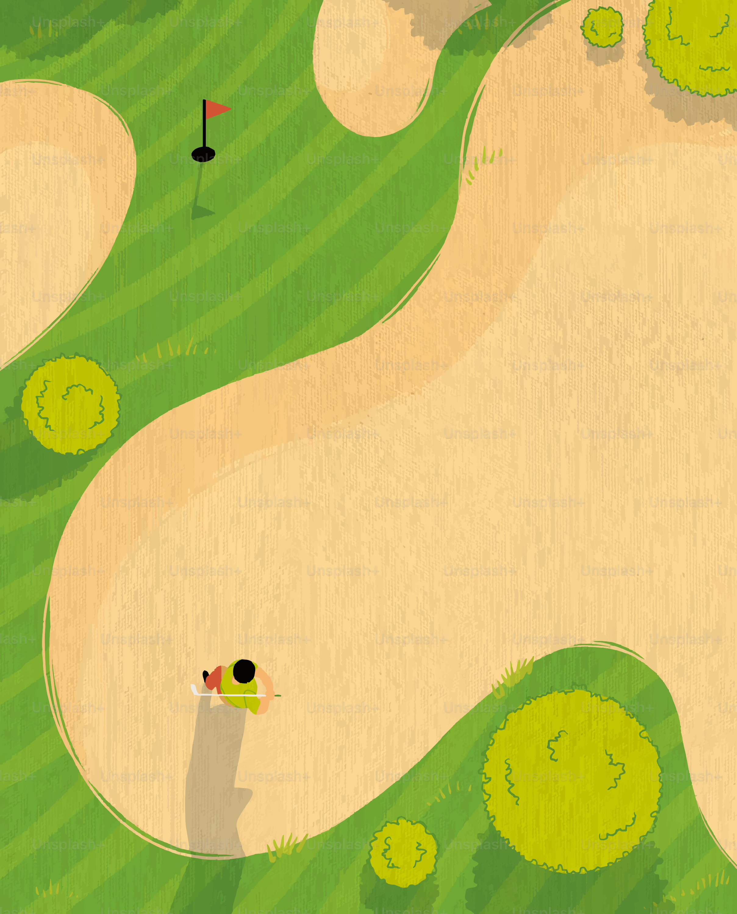 Golfista en una trampa de arena cerca del green con bandera.