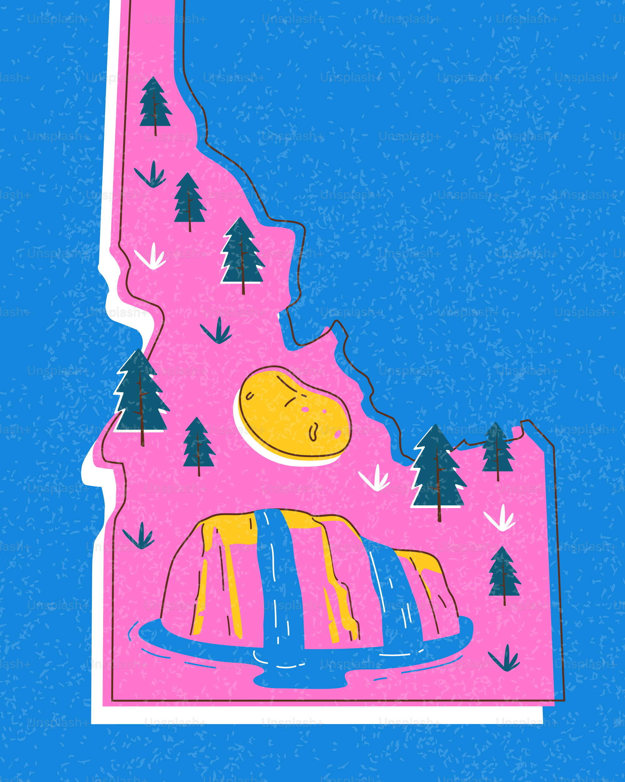 Idaho-Karte mit Kartoffel-, Baum- und Wasserfallillustration