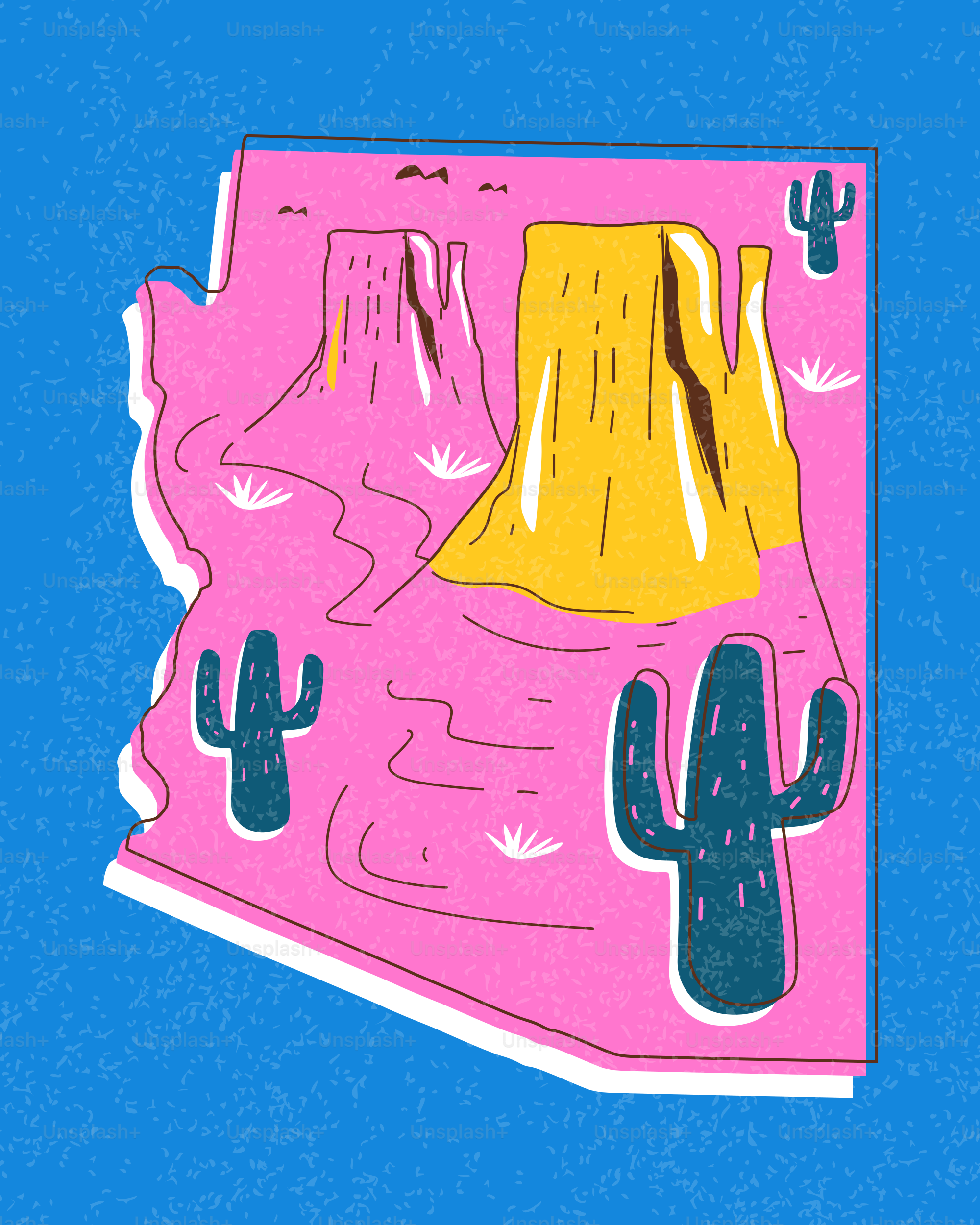 Pink arizona map with desert landscape and cacti