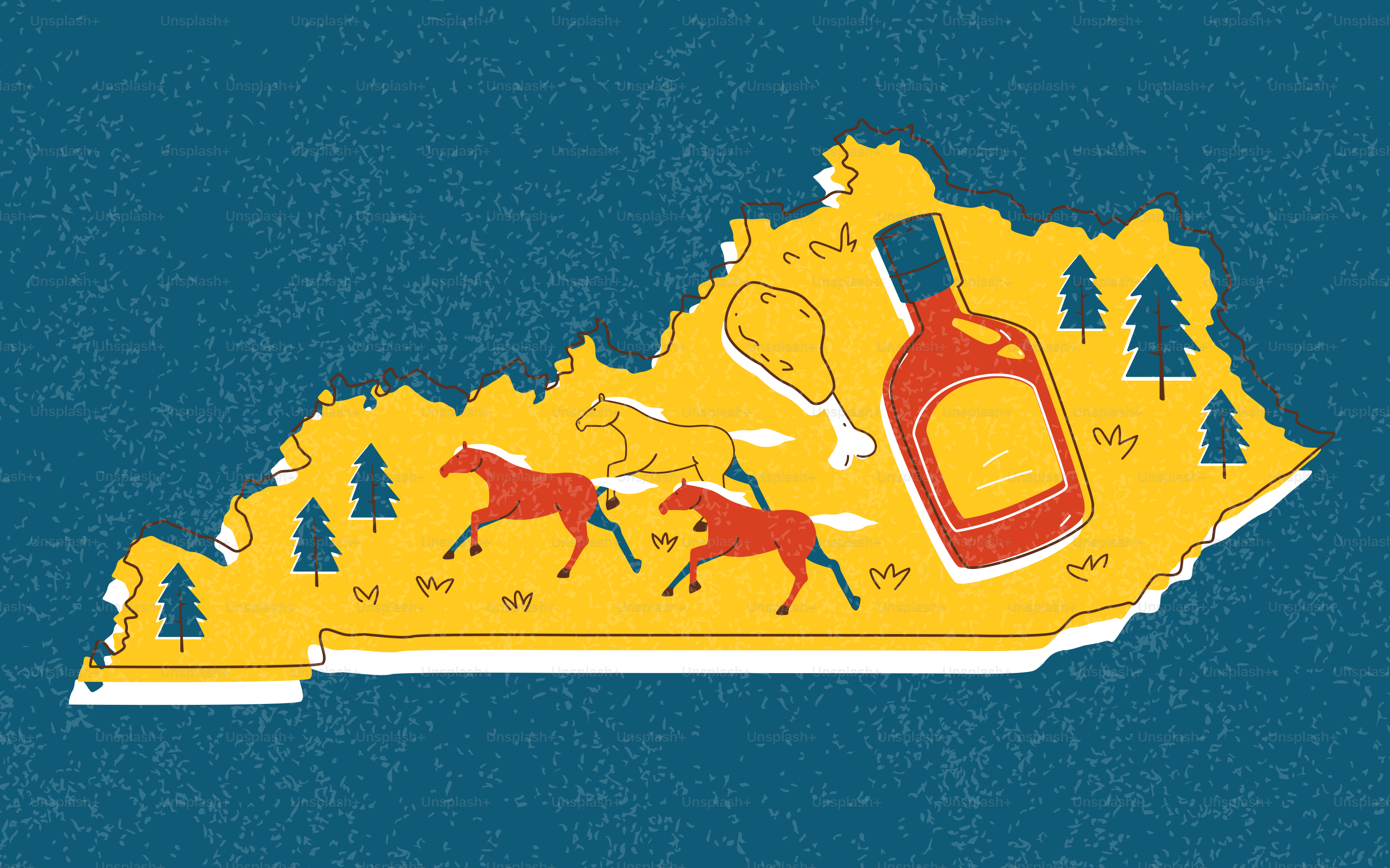 Mapa de Kentucky com cavalos, frango e molho barbecue