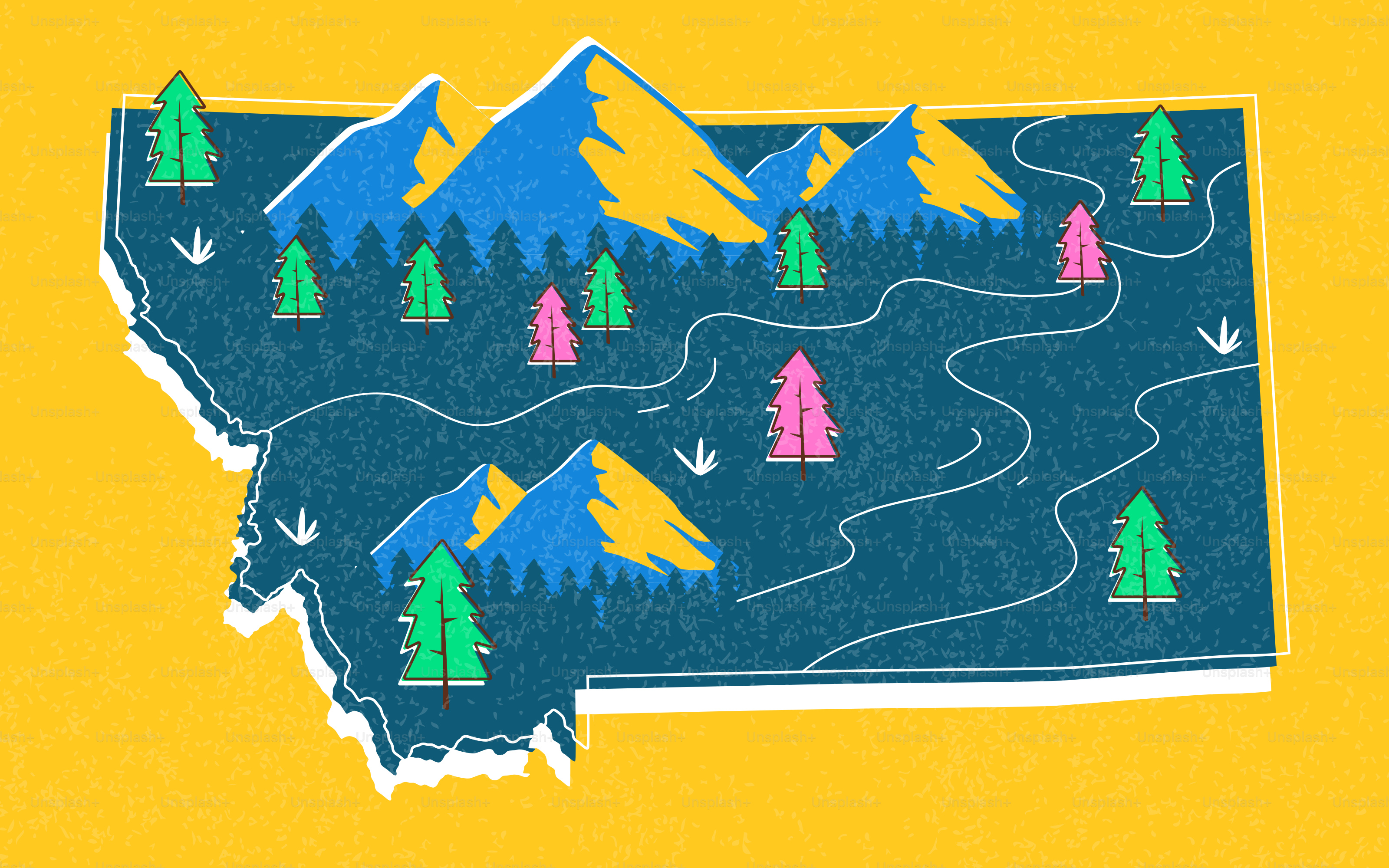 Stylized map of montana with mountains and trees