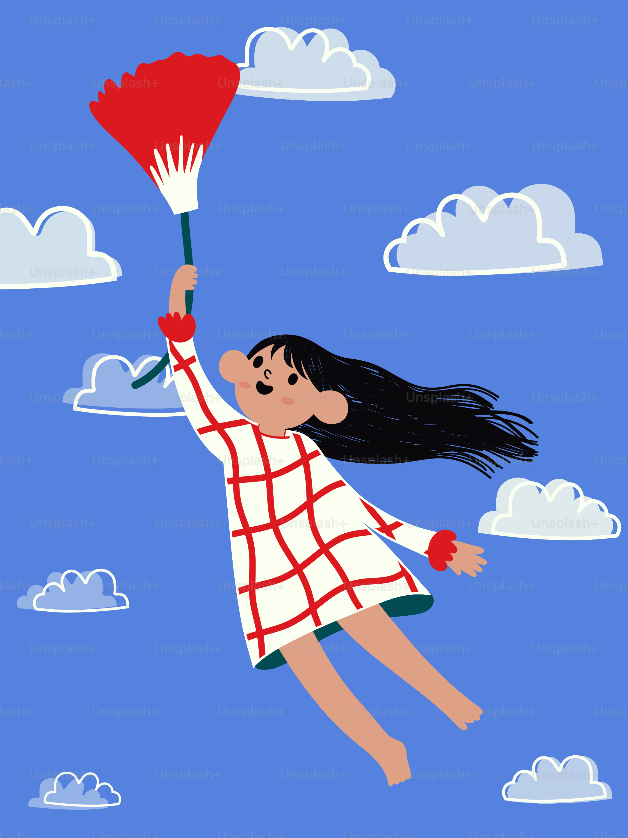 Ein Mädchen fliegt mit einem roten Fächer durch den Himmel.