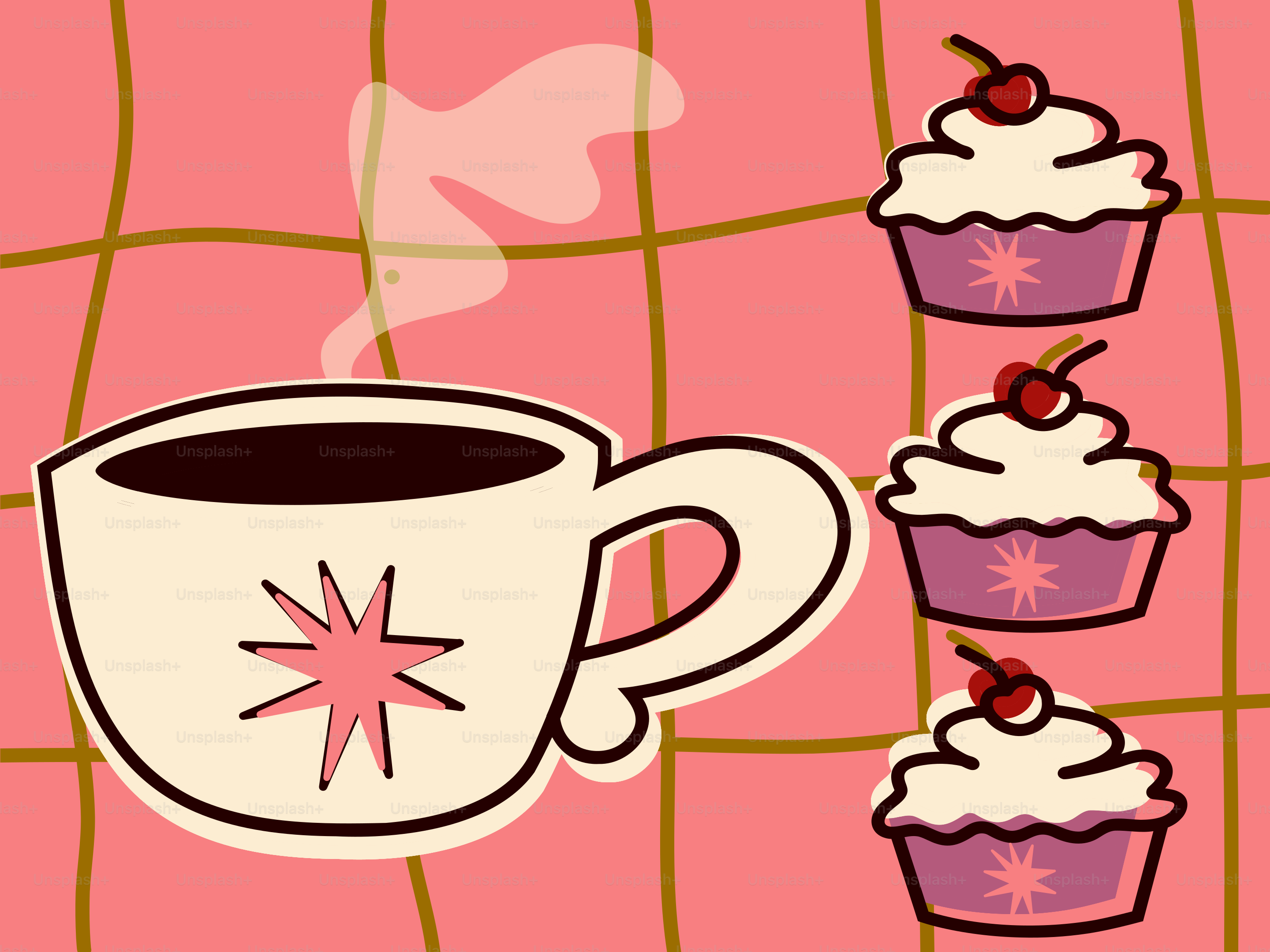 A steaming cup of coffee with three cupcakes