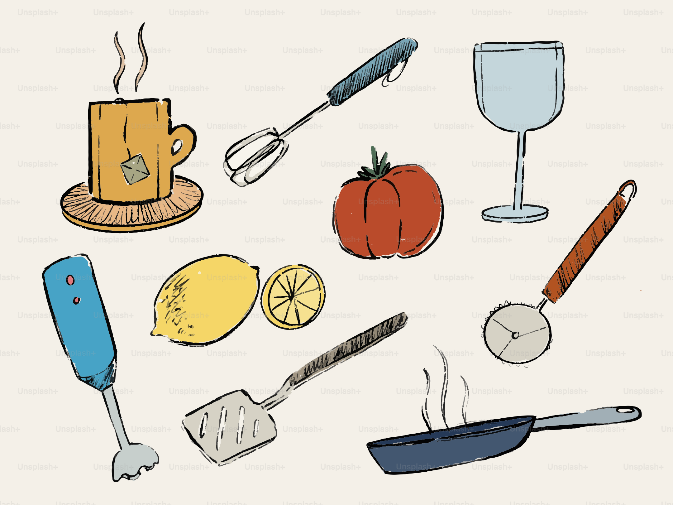 Ustensiles de cuisine, ingrédients et disposition de boissons chaudes