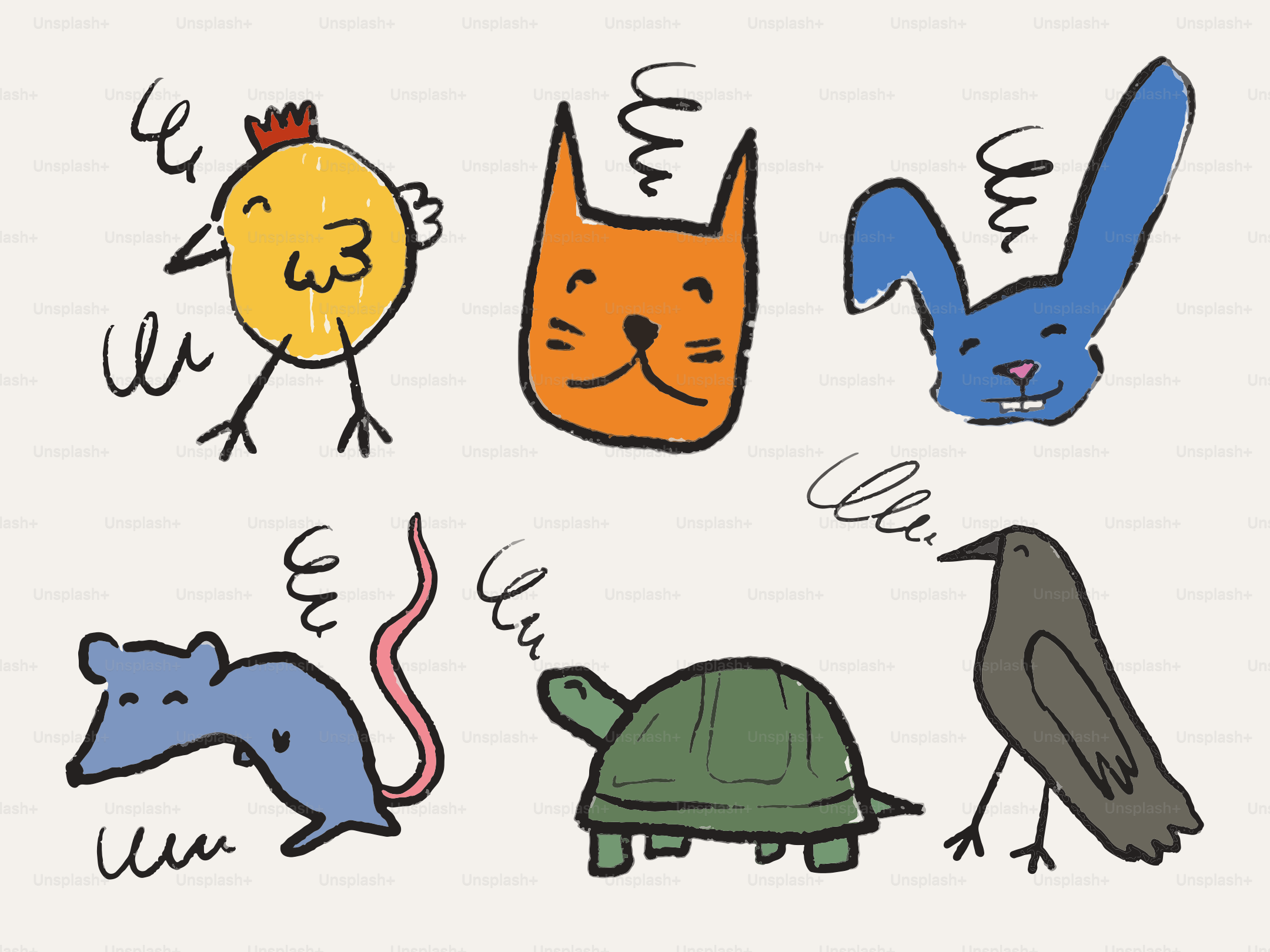 Various cartoon animals including a chicken, cat, and mouse.