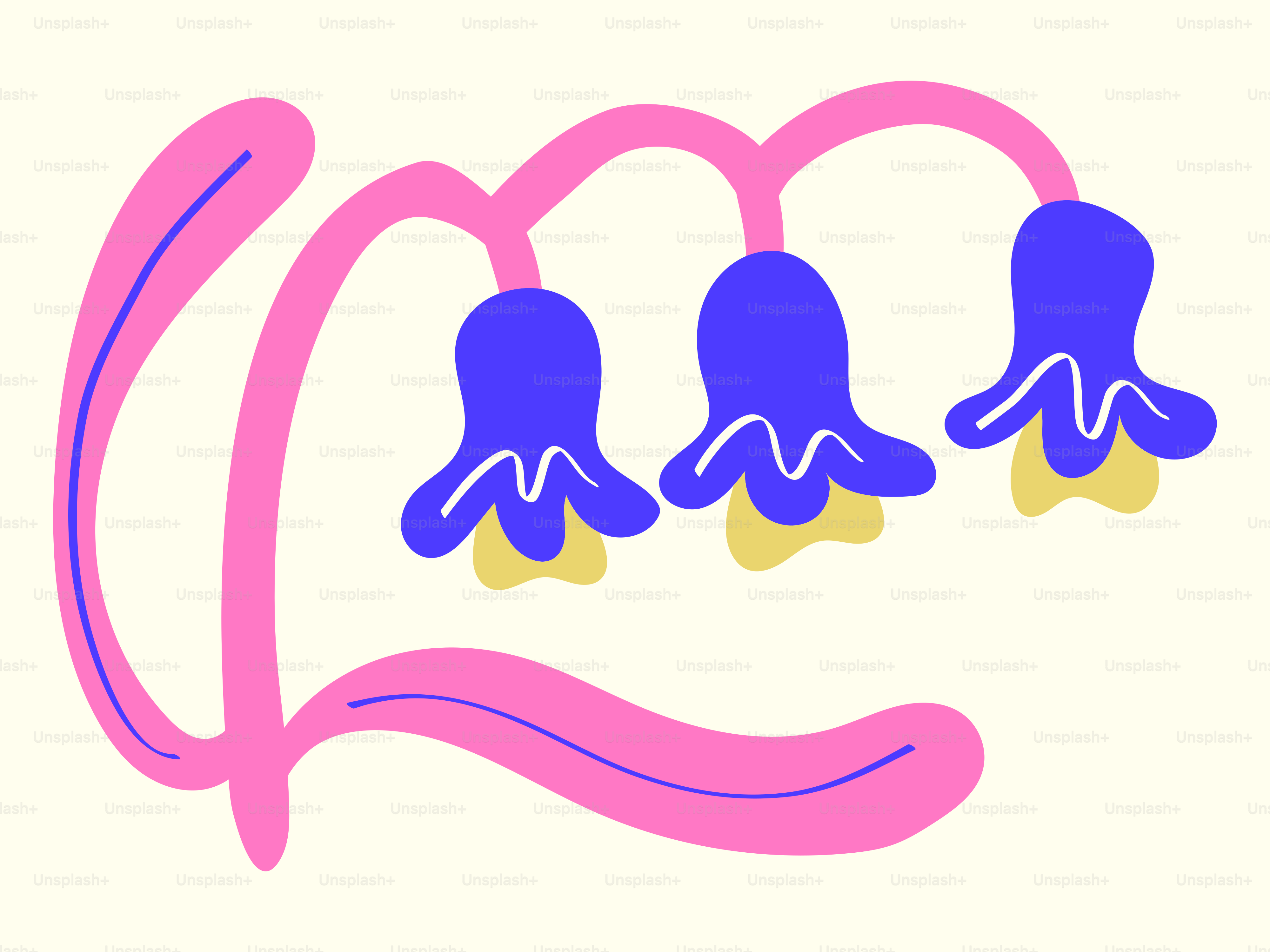 Three bluebell flowers with yellow centers on a pink stem.