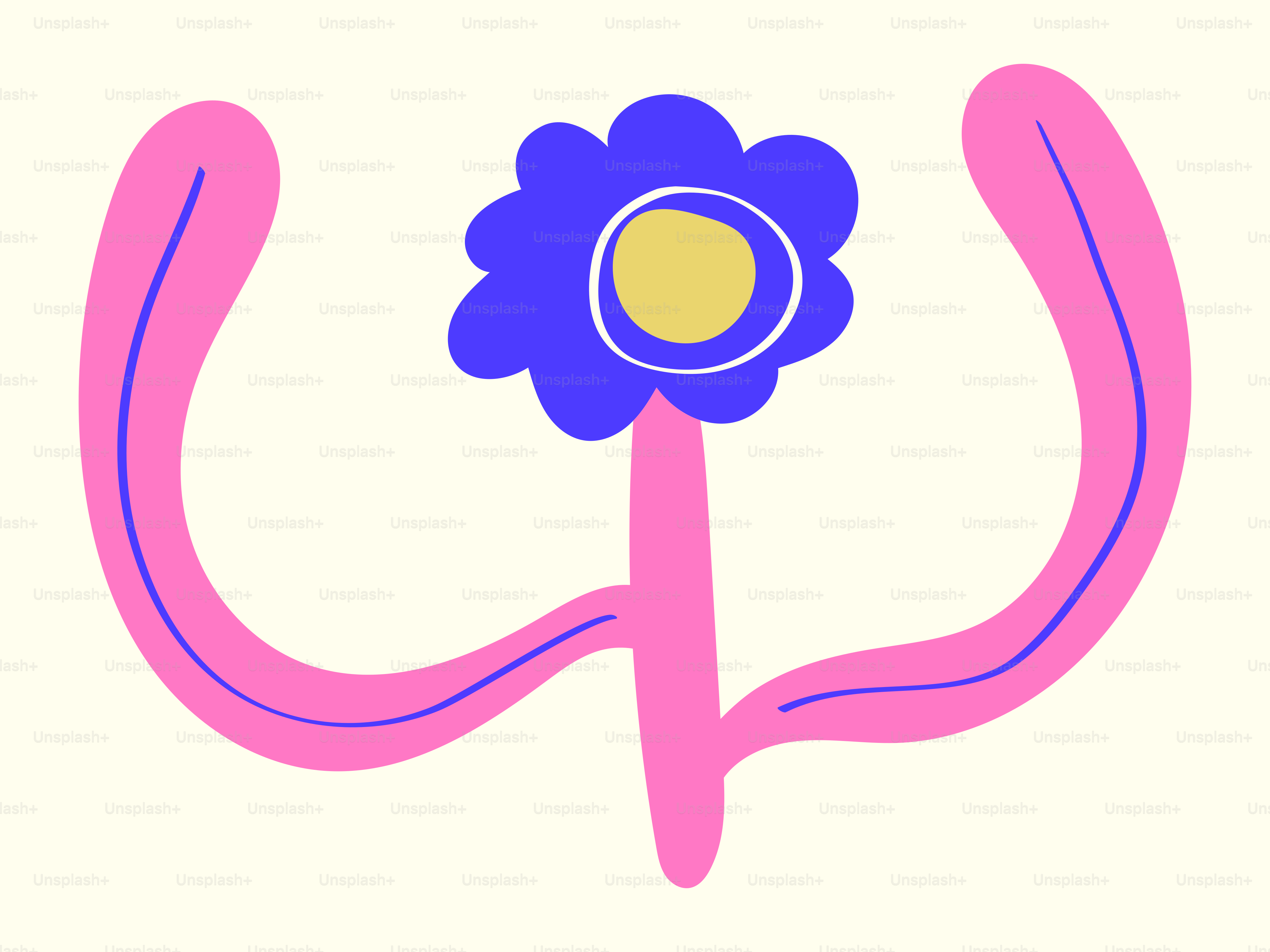 A stylized blue flower with pink stems and leaves.