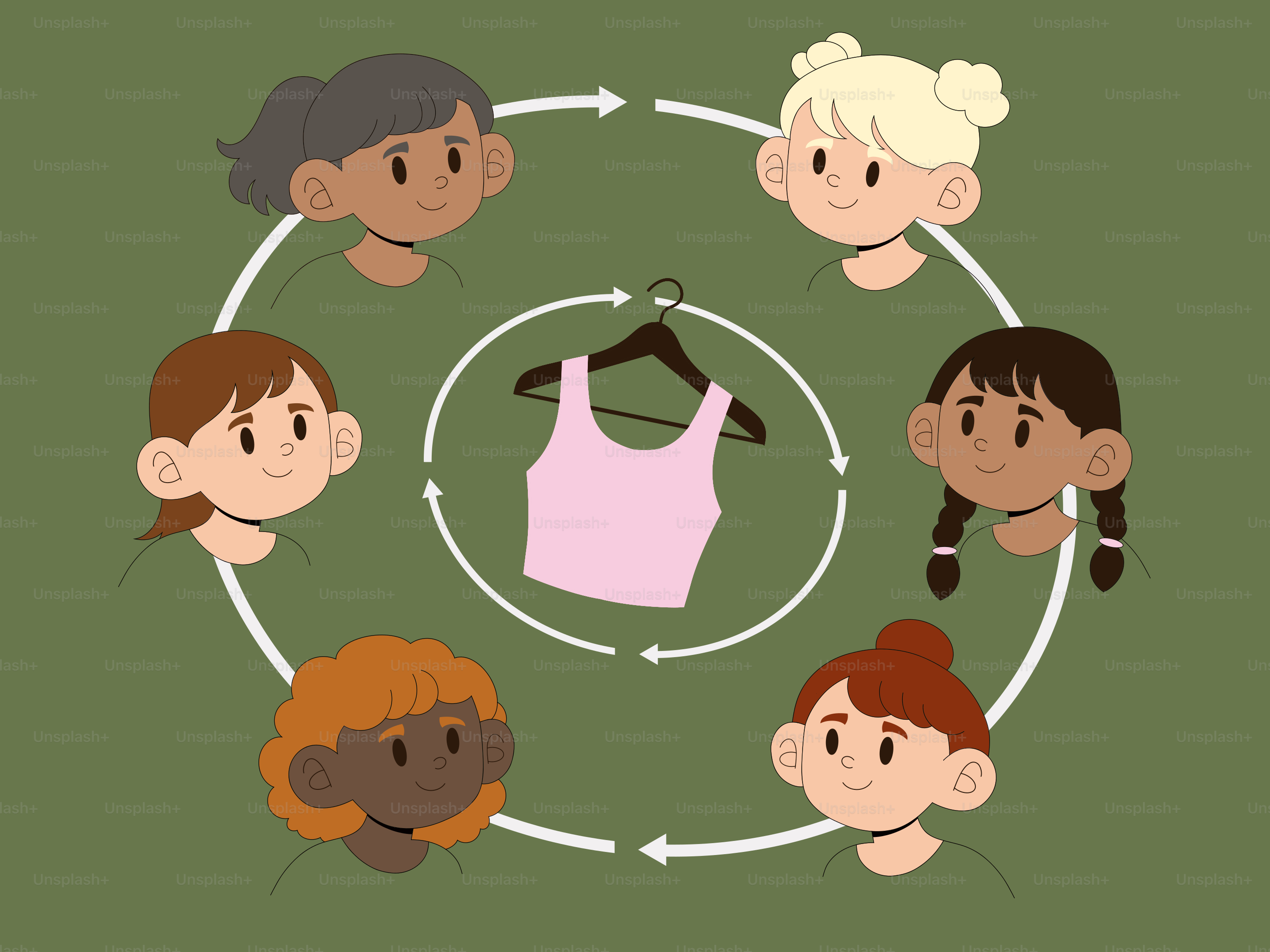 Diverse group of children around a pink tank top.