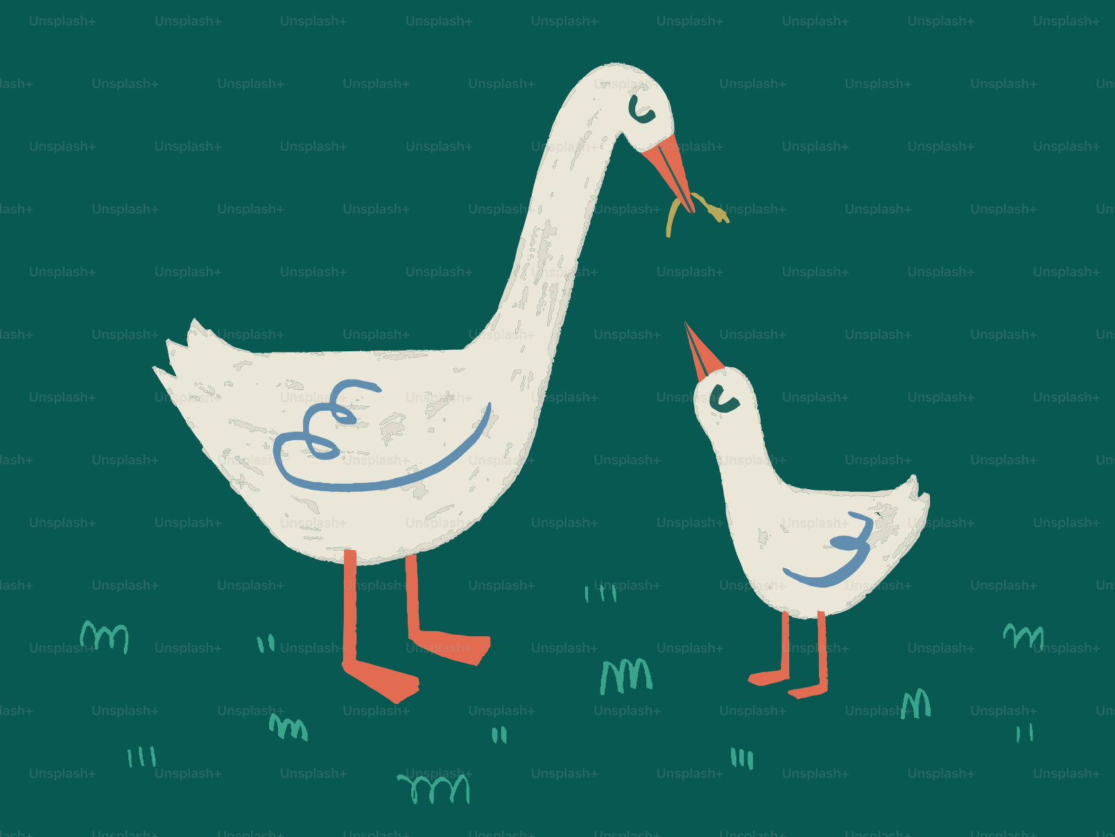 A goose feeding a gosling on a grassy background