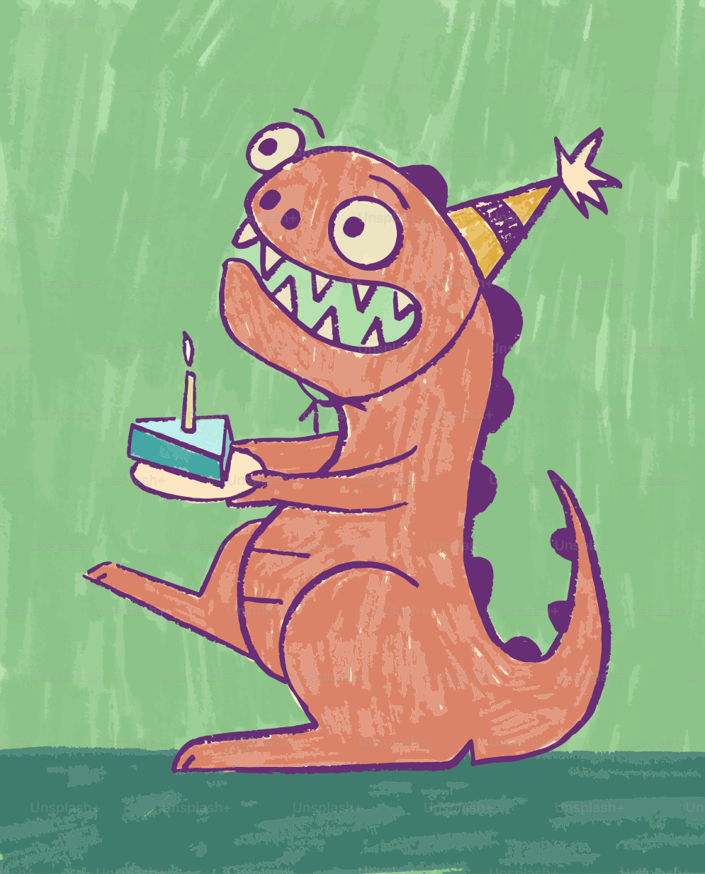 A cartoon dinosaur wearing a party hat holds cake