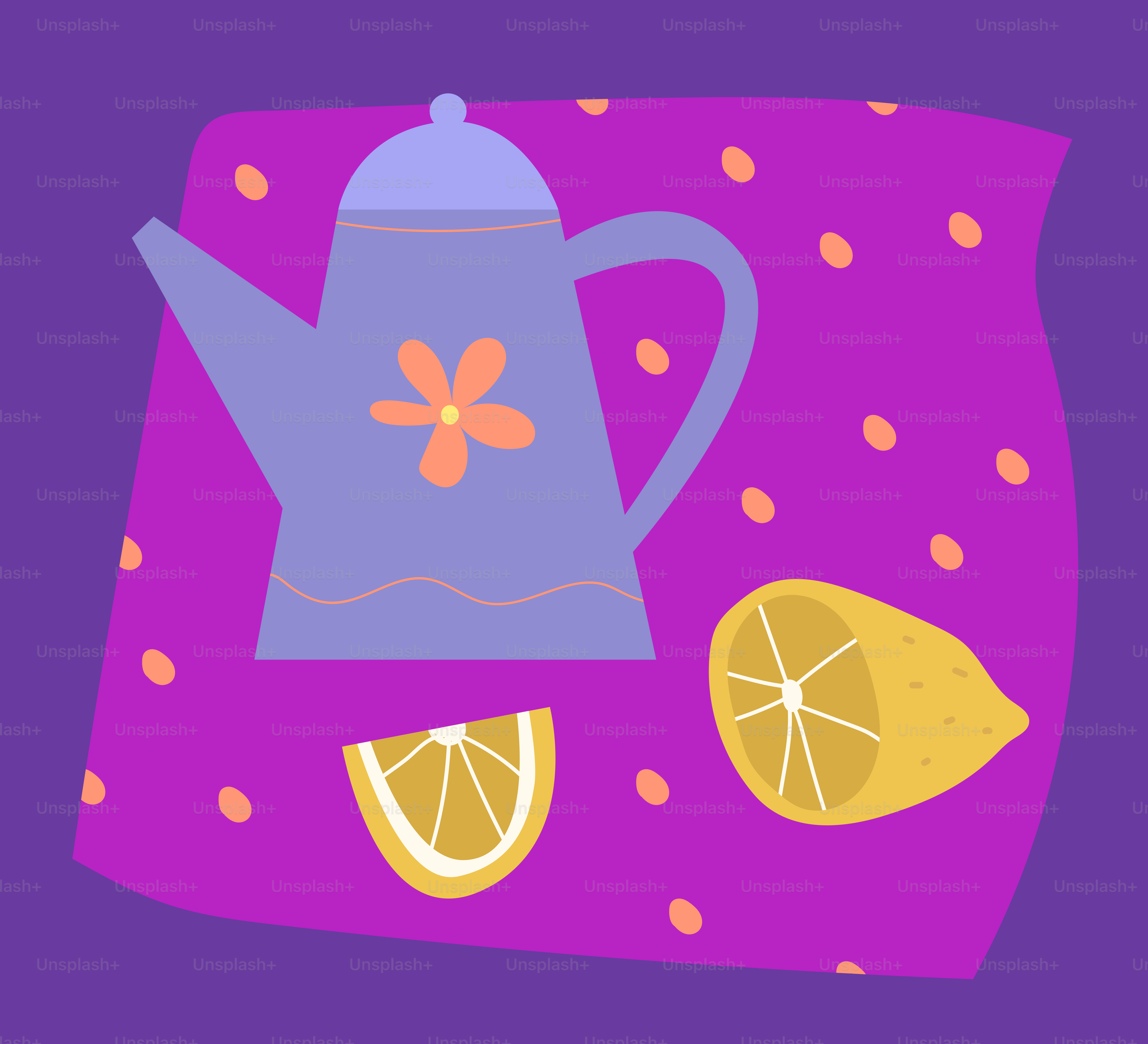 A purple teapot with lemons on a patterned cloth