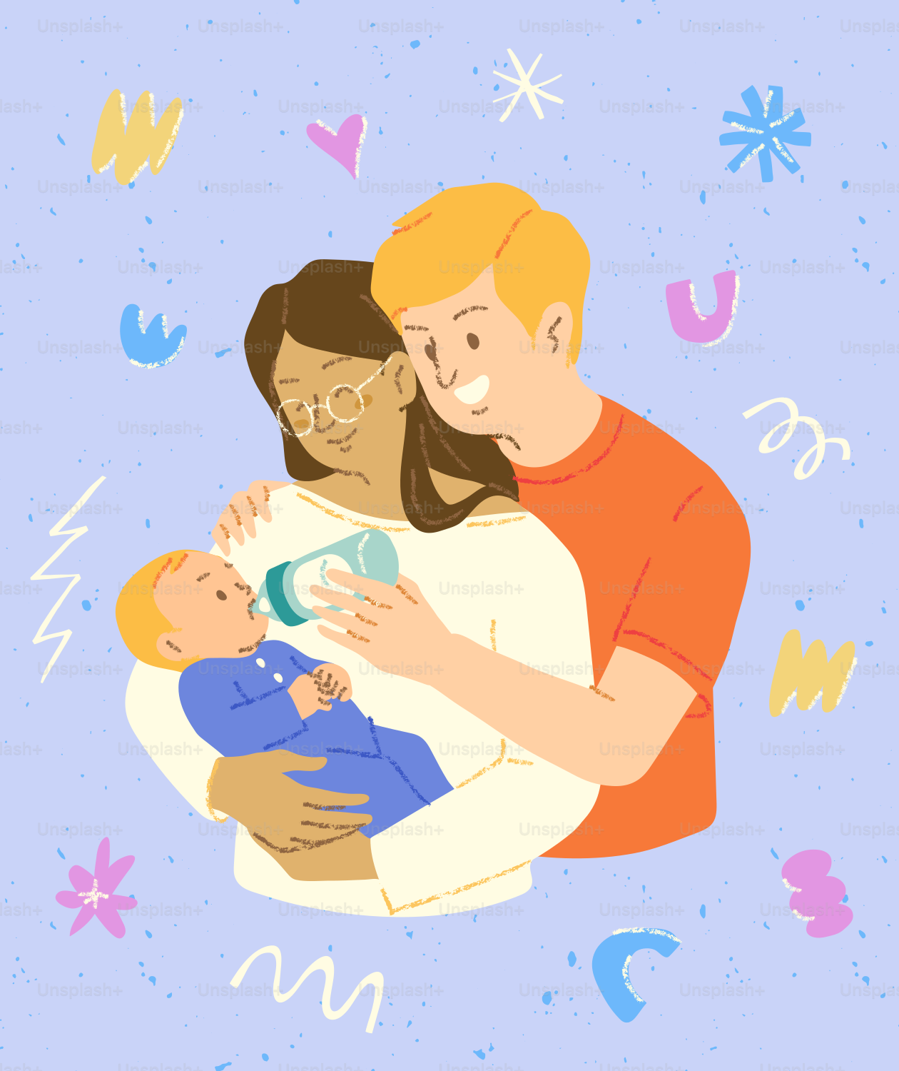 Parents feeding baby with bottle on a colorful background