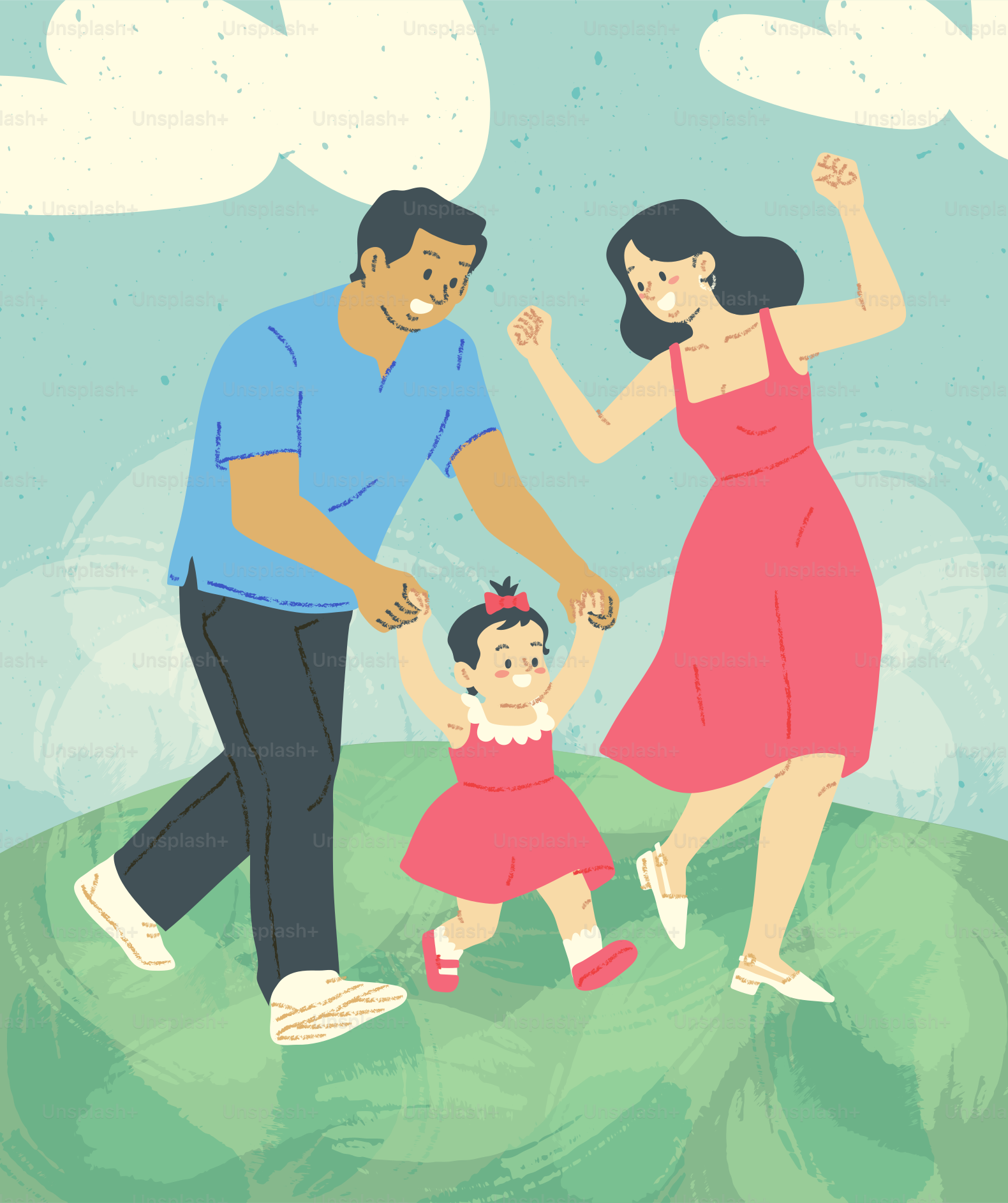 A happy family walks outdoors on a sunny day.