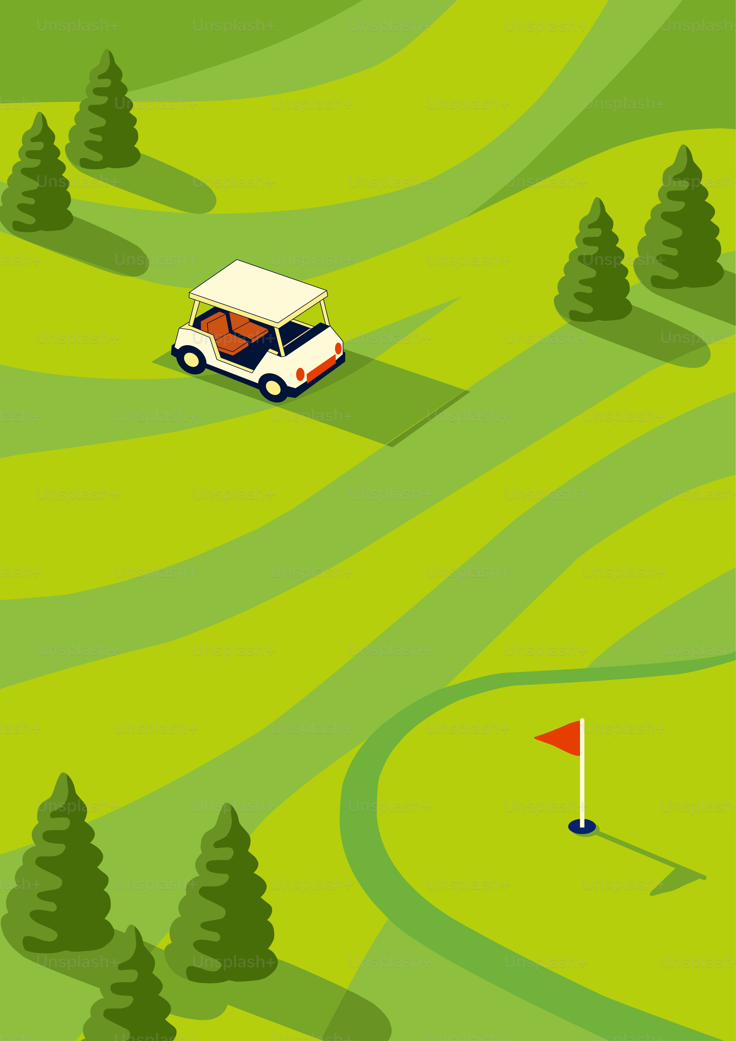 A golf cart drives on a green golf course.