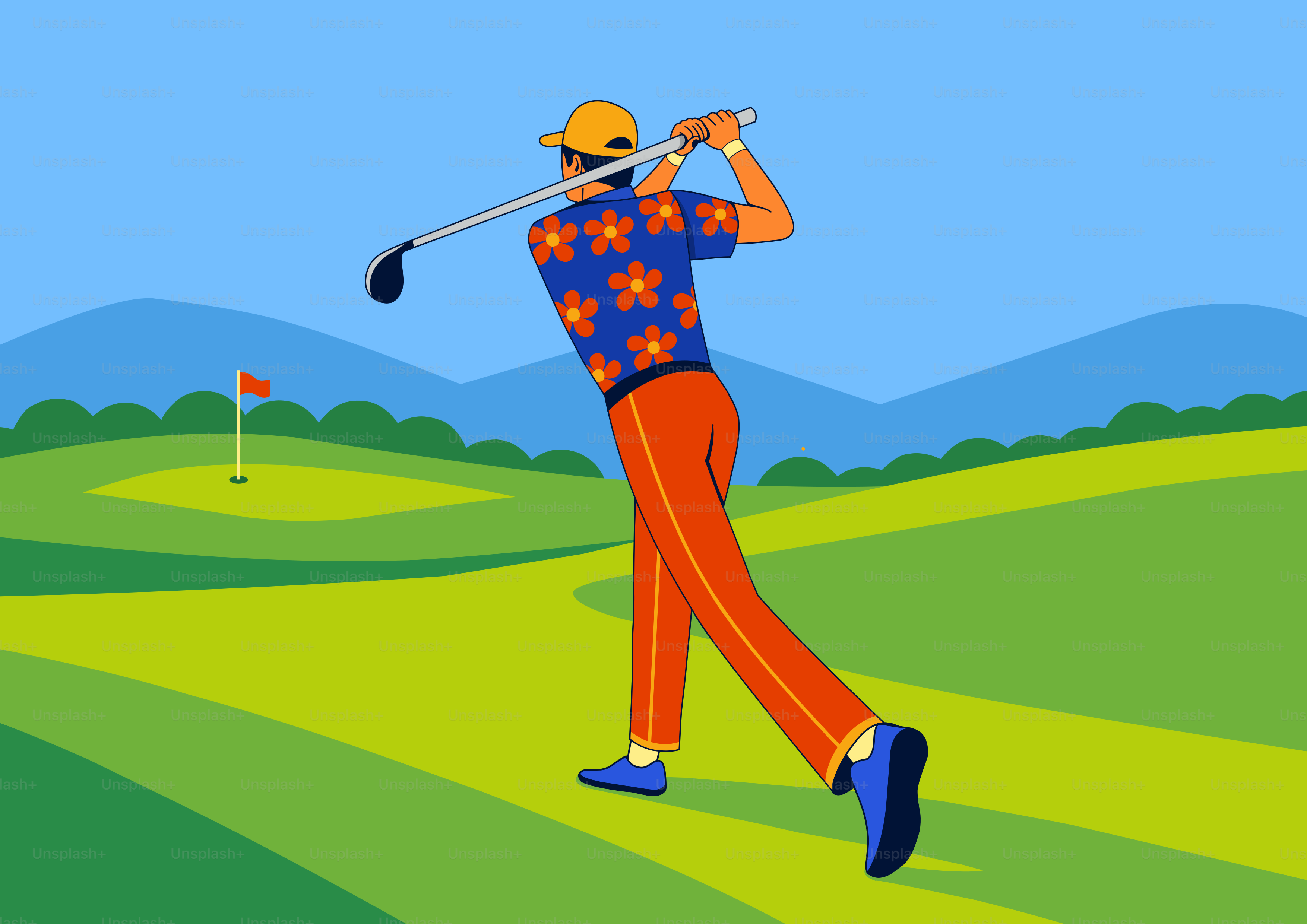 Man in colorful shirt swings golf club on green course