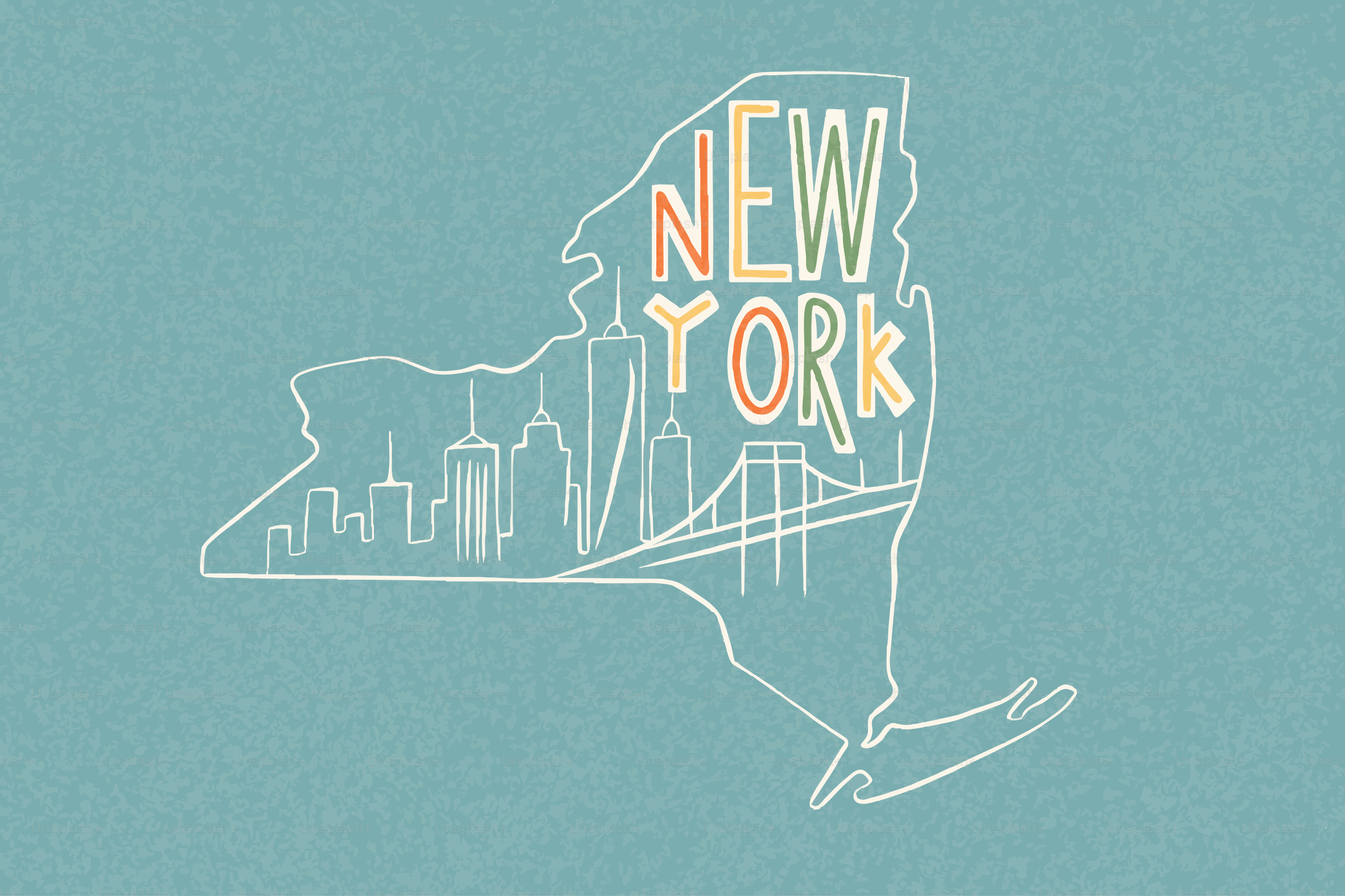 Outline of new york state with city skyline inside