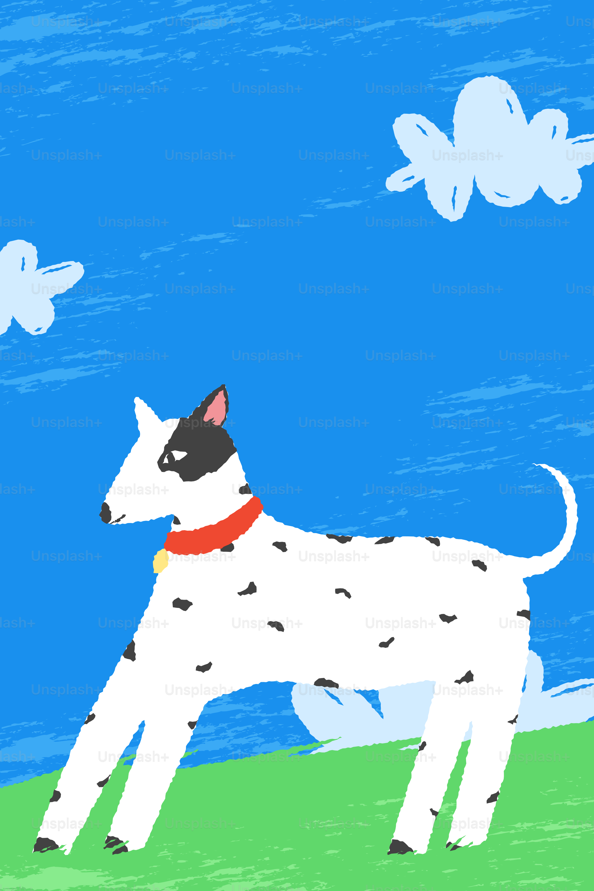 A white dog with black spots and red collar.