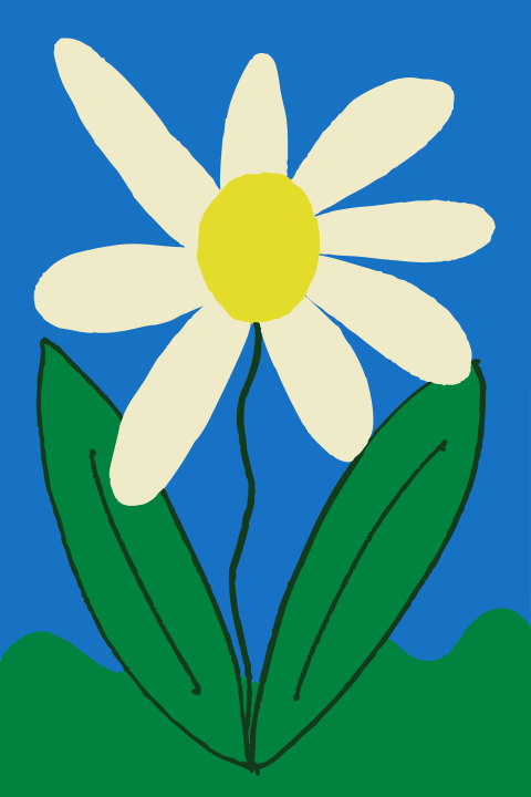 A simple drawing of a white daisy with green leaves.