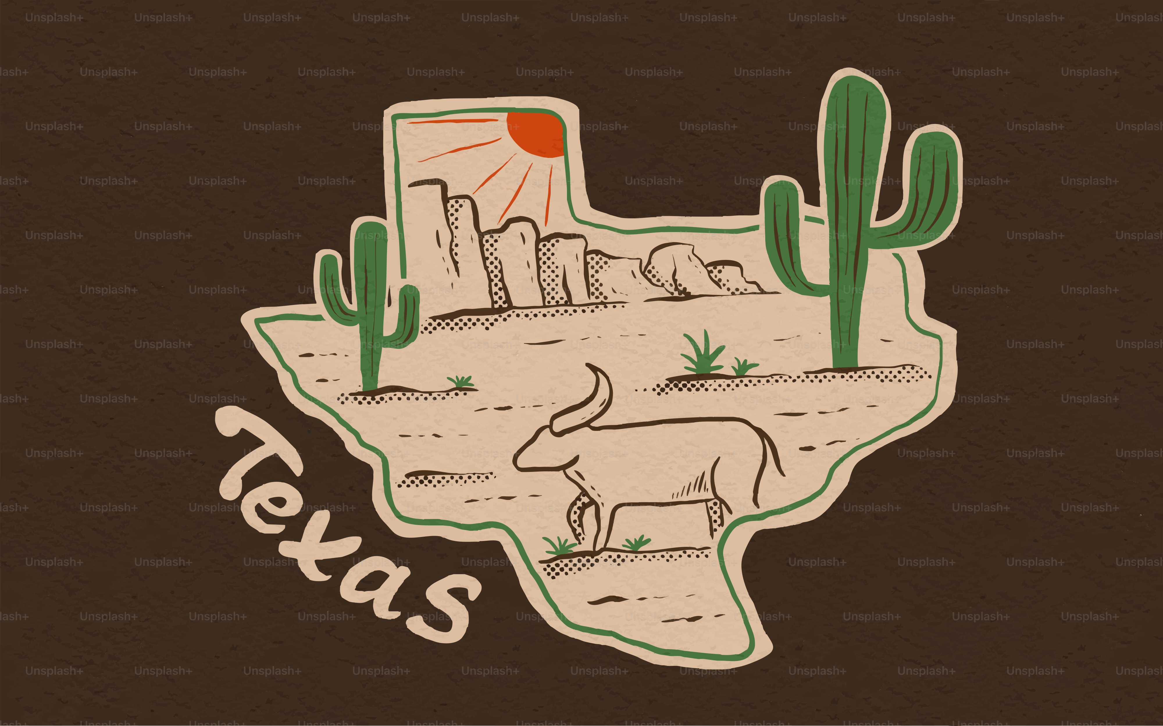 Contorno de Texas con paisaje desértico y ganado longhorn