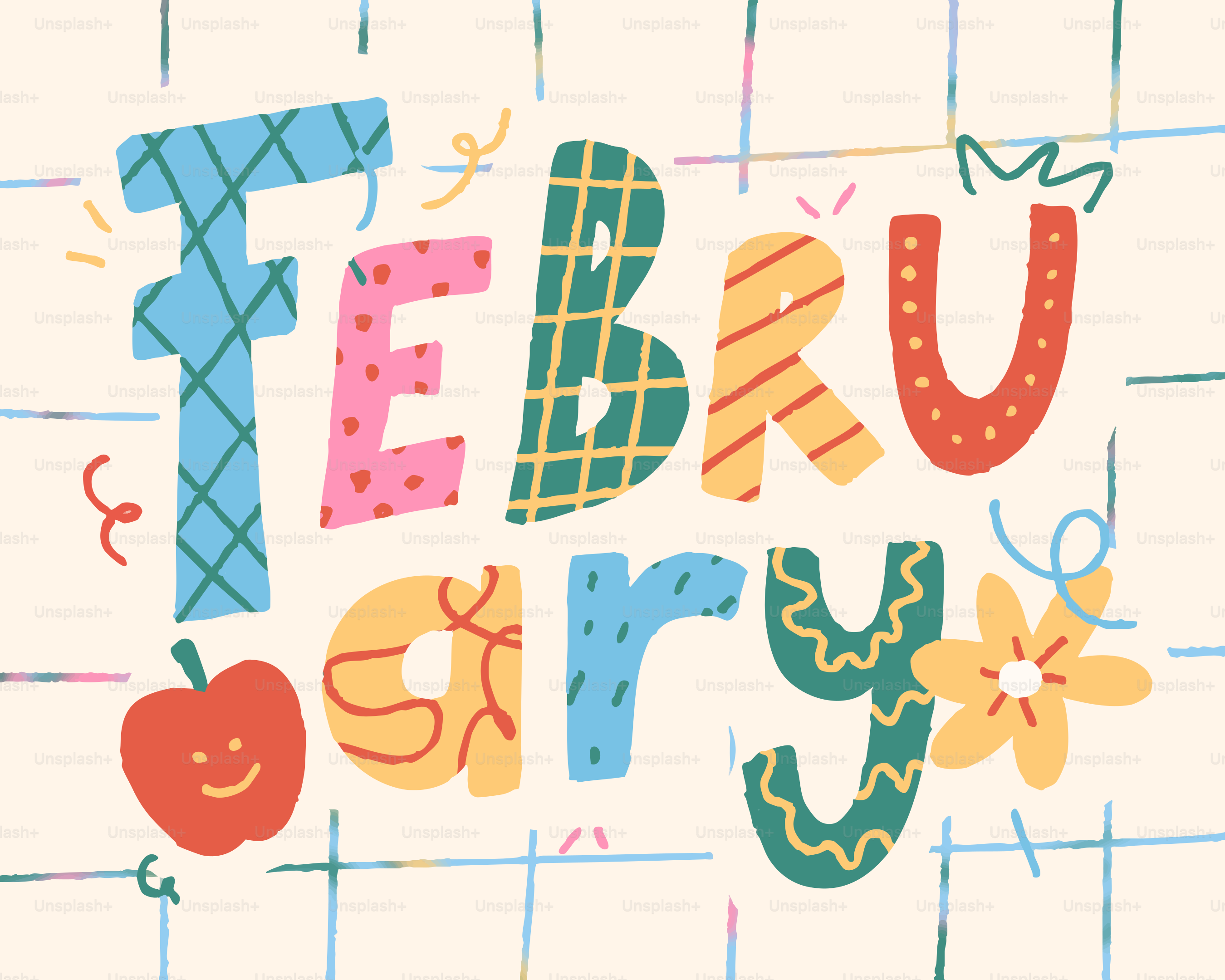 Colorful letters spell out february with decorations.