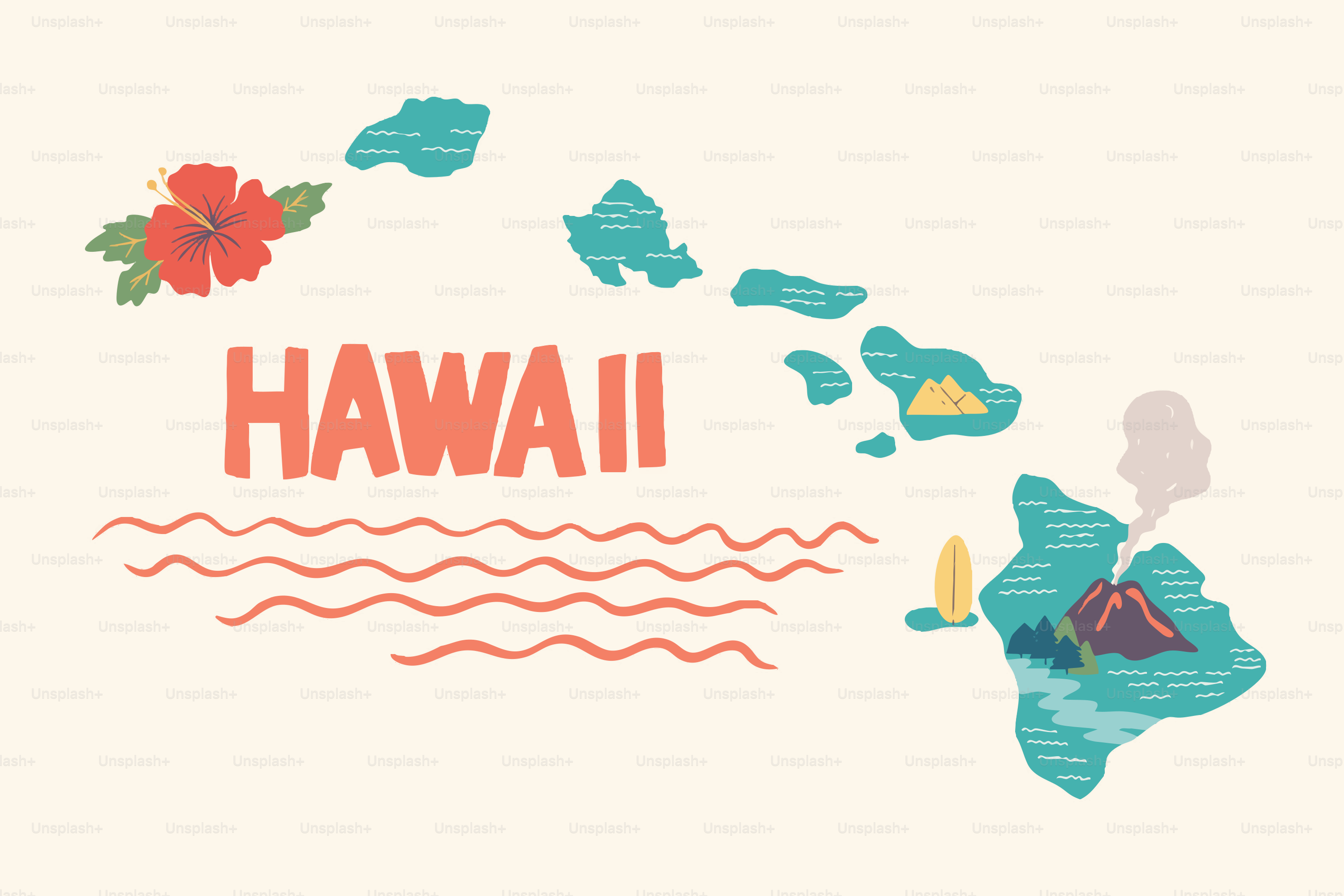 Mapa do Havaí com ilhas, hibisco e vulcão.