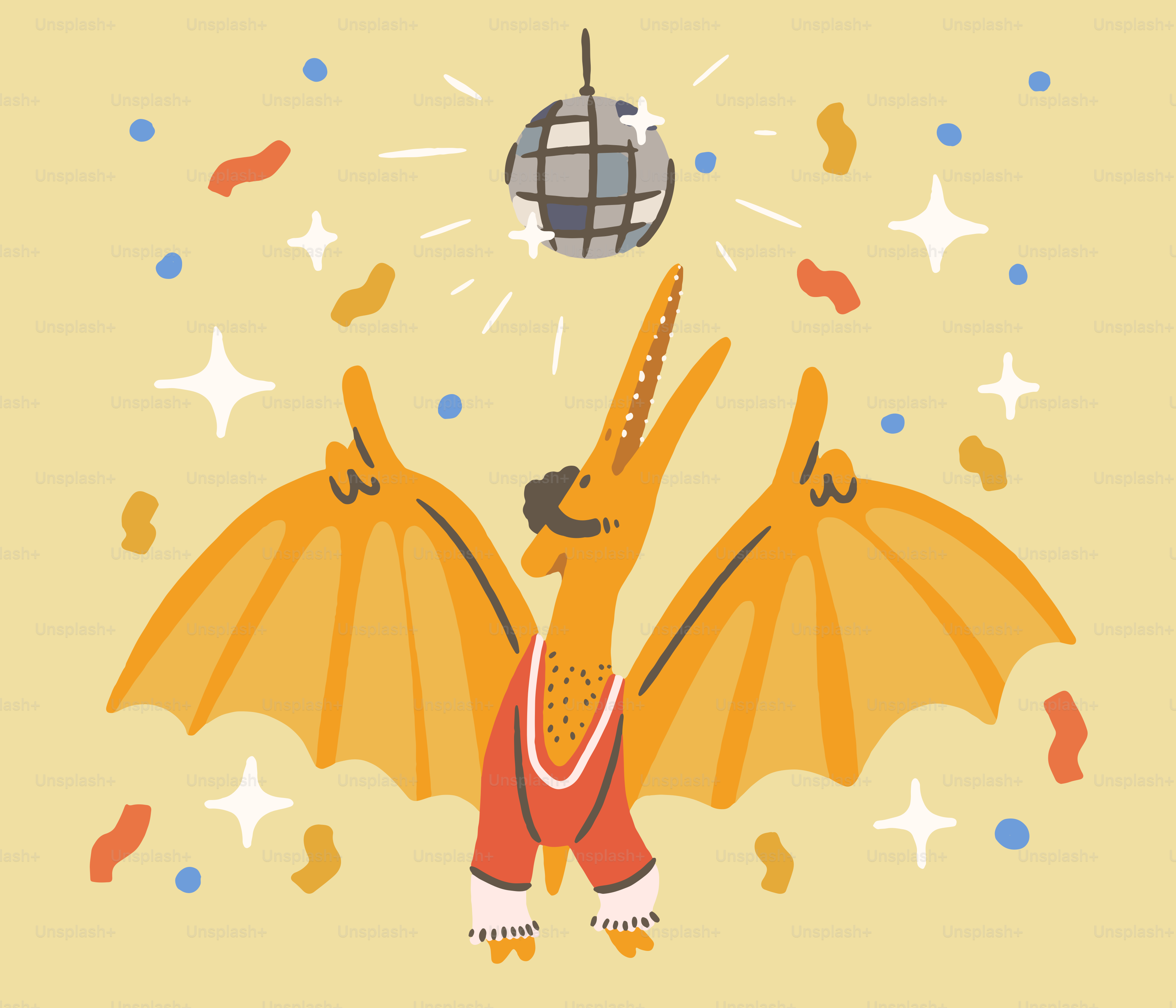 Uno pterodattilo dei cartoni danzati sotto una palla da discoteca