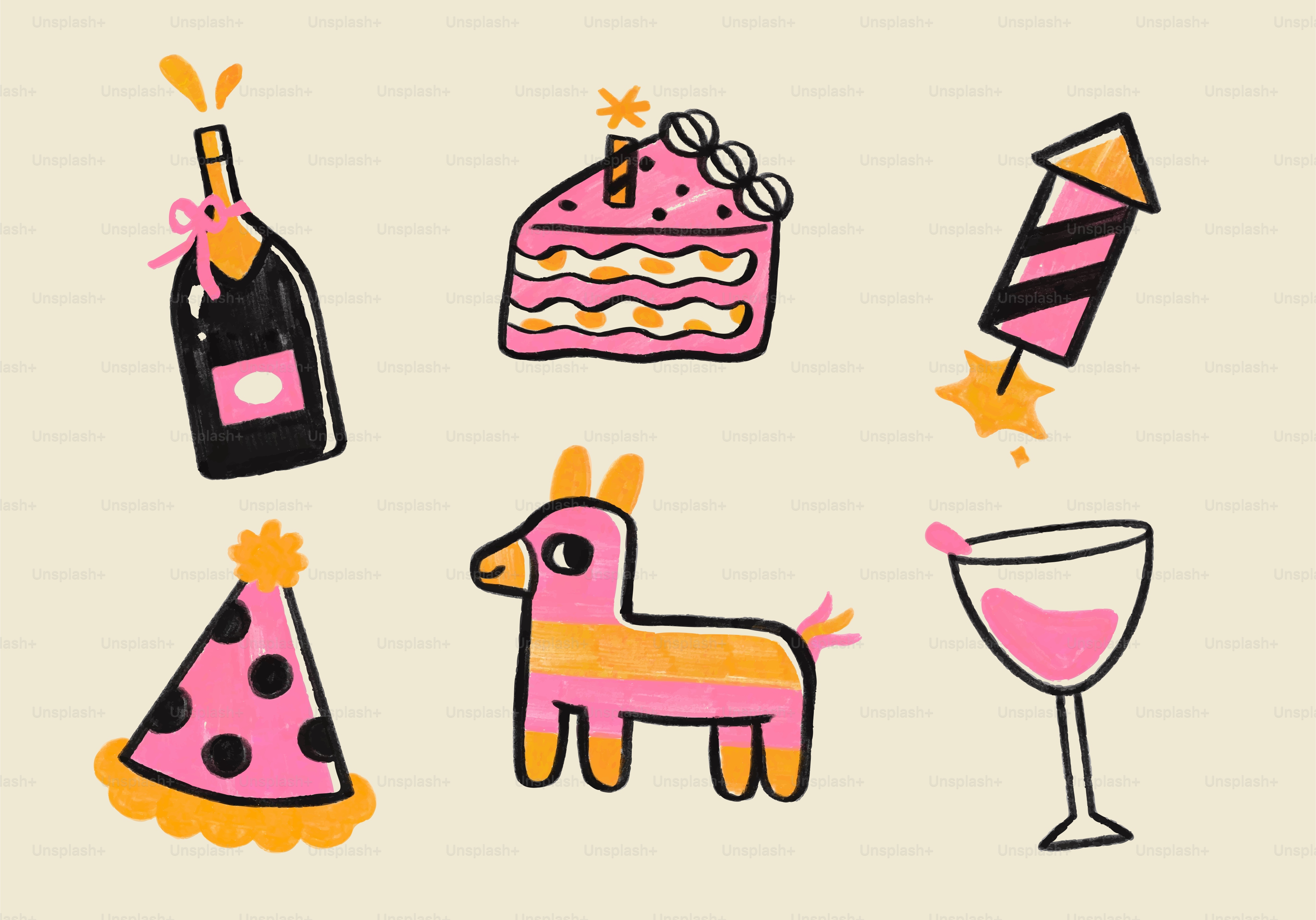 Birthday party elements: cake, bottle, firework, hat, piñata, drink