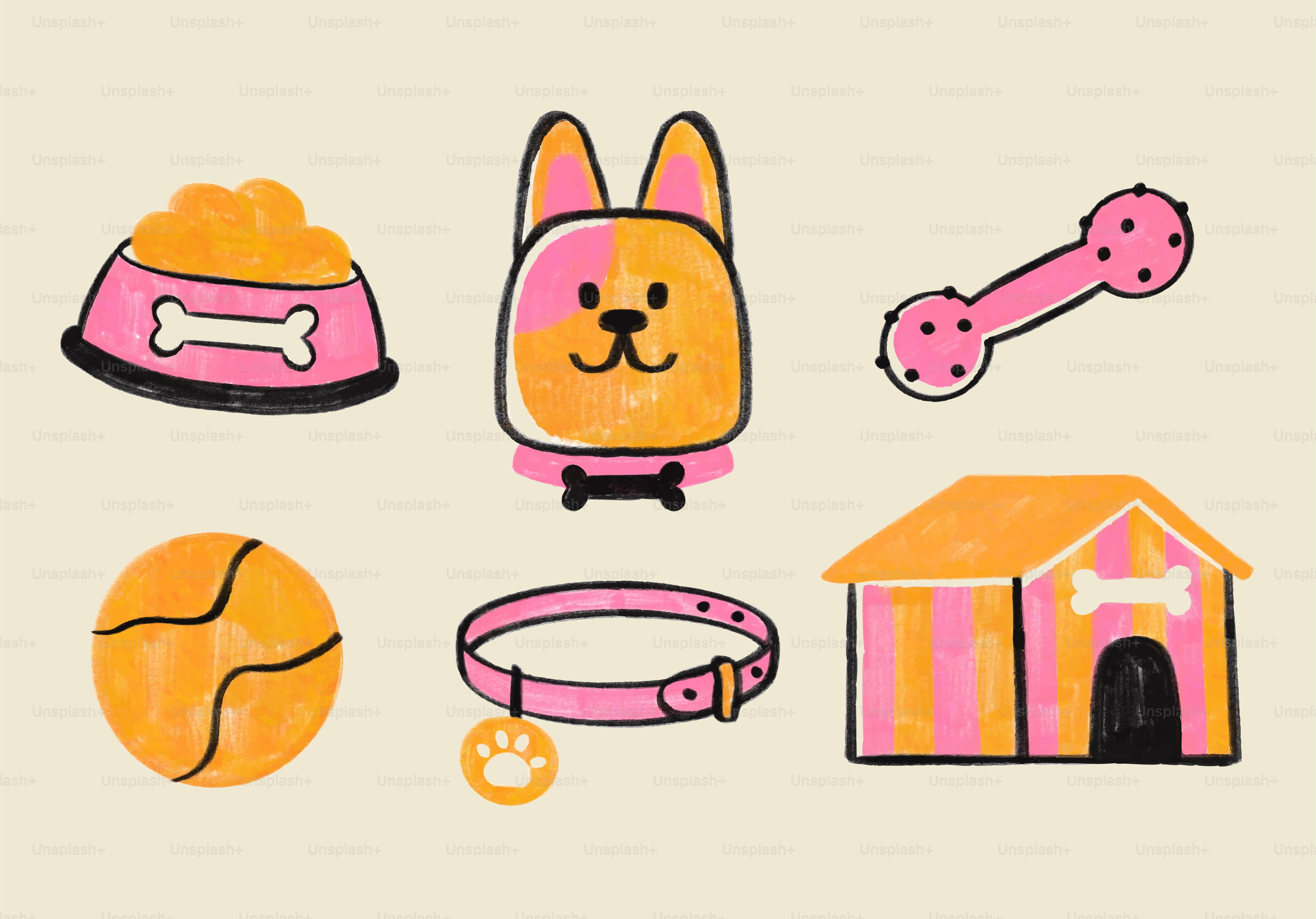 Dog accessories including food bowl, toy, and house