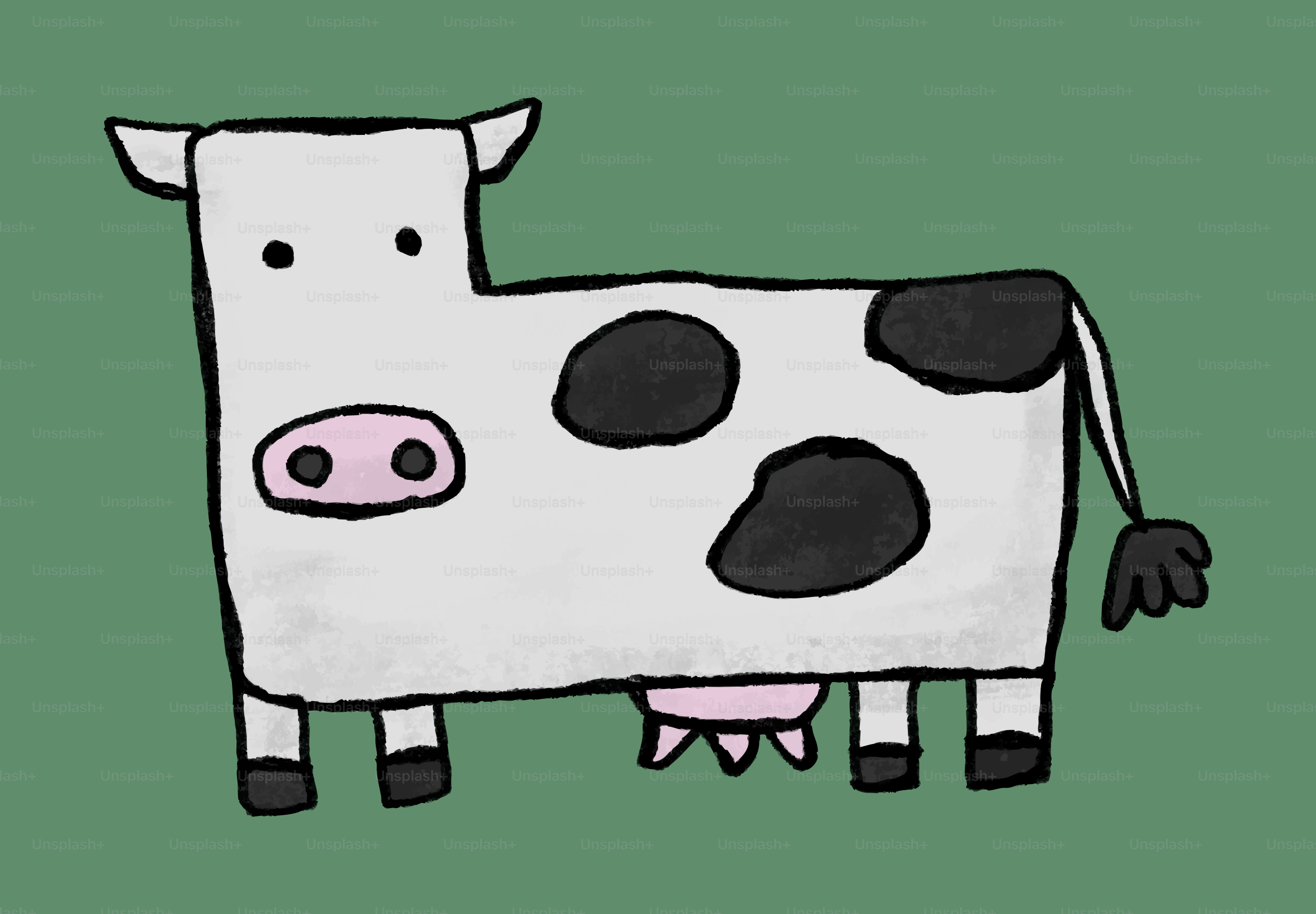 Une vache de dessin animé avec des taches noires sur fond vert