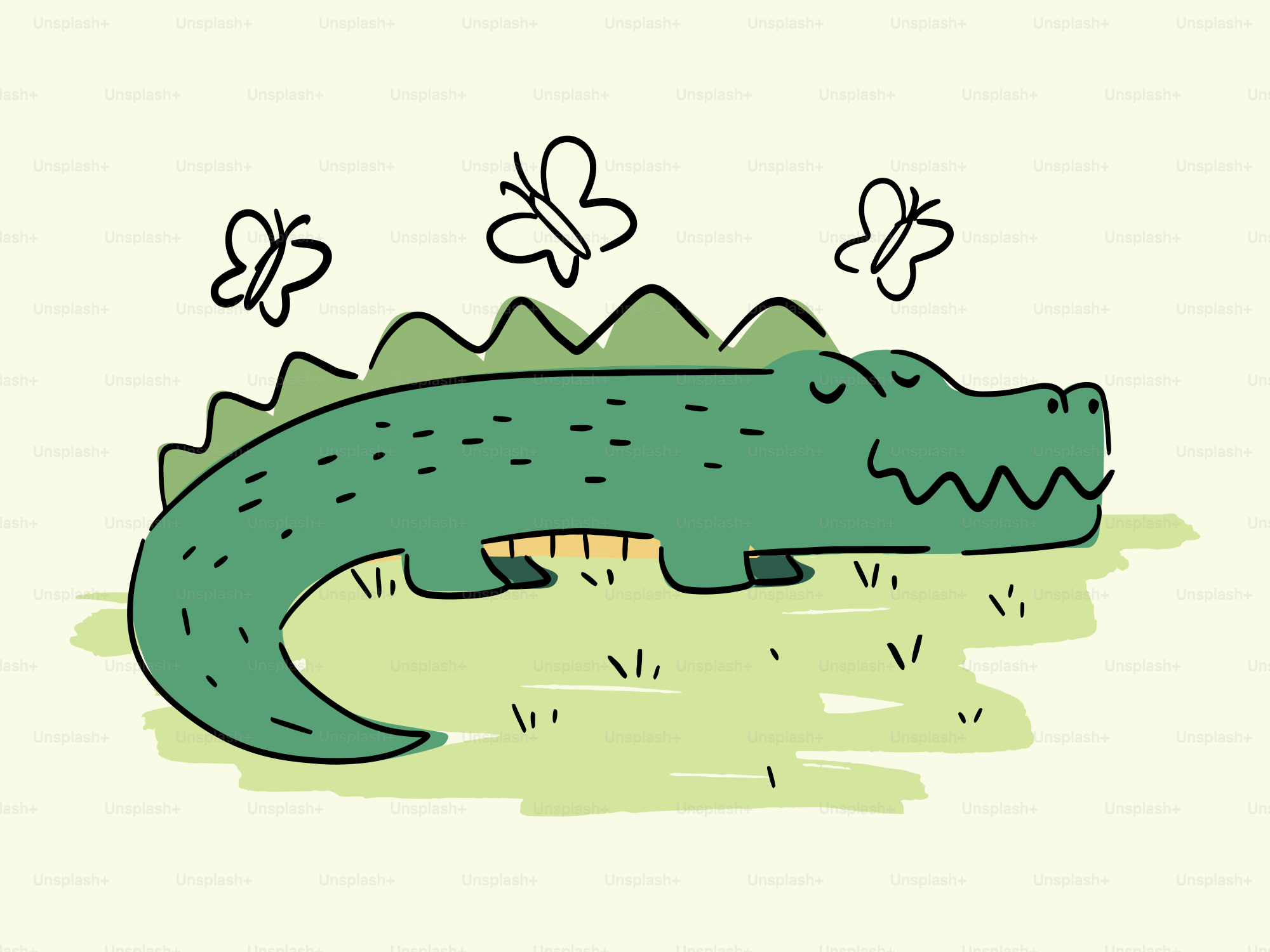 Un alligator de dessins animés repose paisiblement avec des papillons autour de lui.