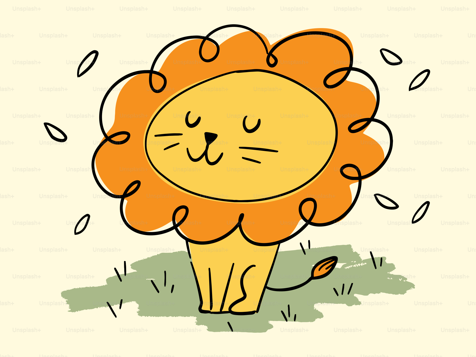 Un lion de dessin animé mignon avec une crinière duveteuse.