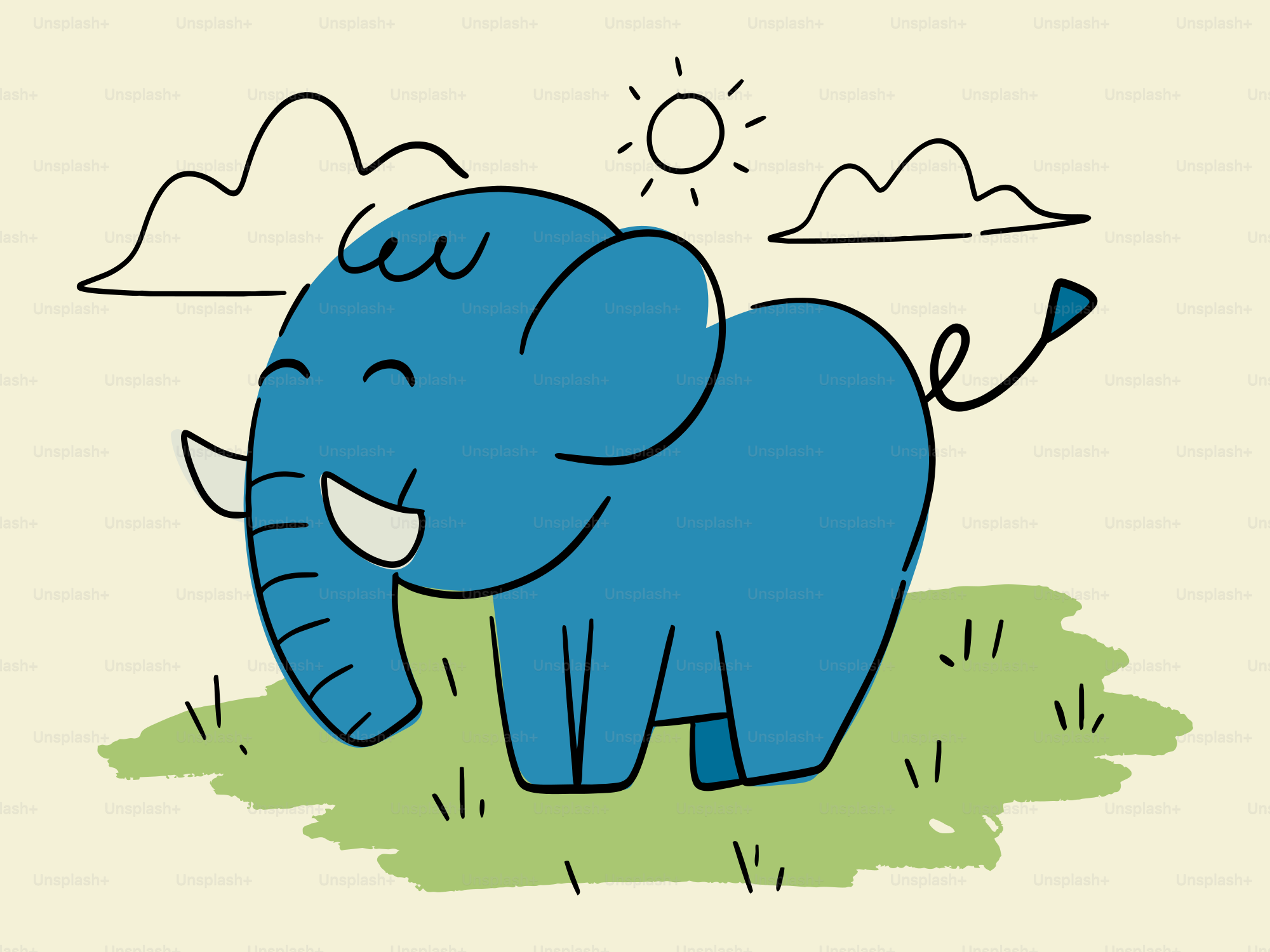 Un éléphant bleu sourit sous le soleil.