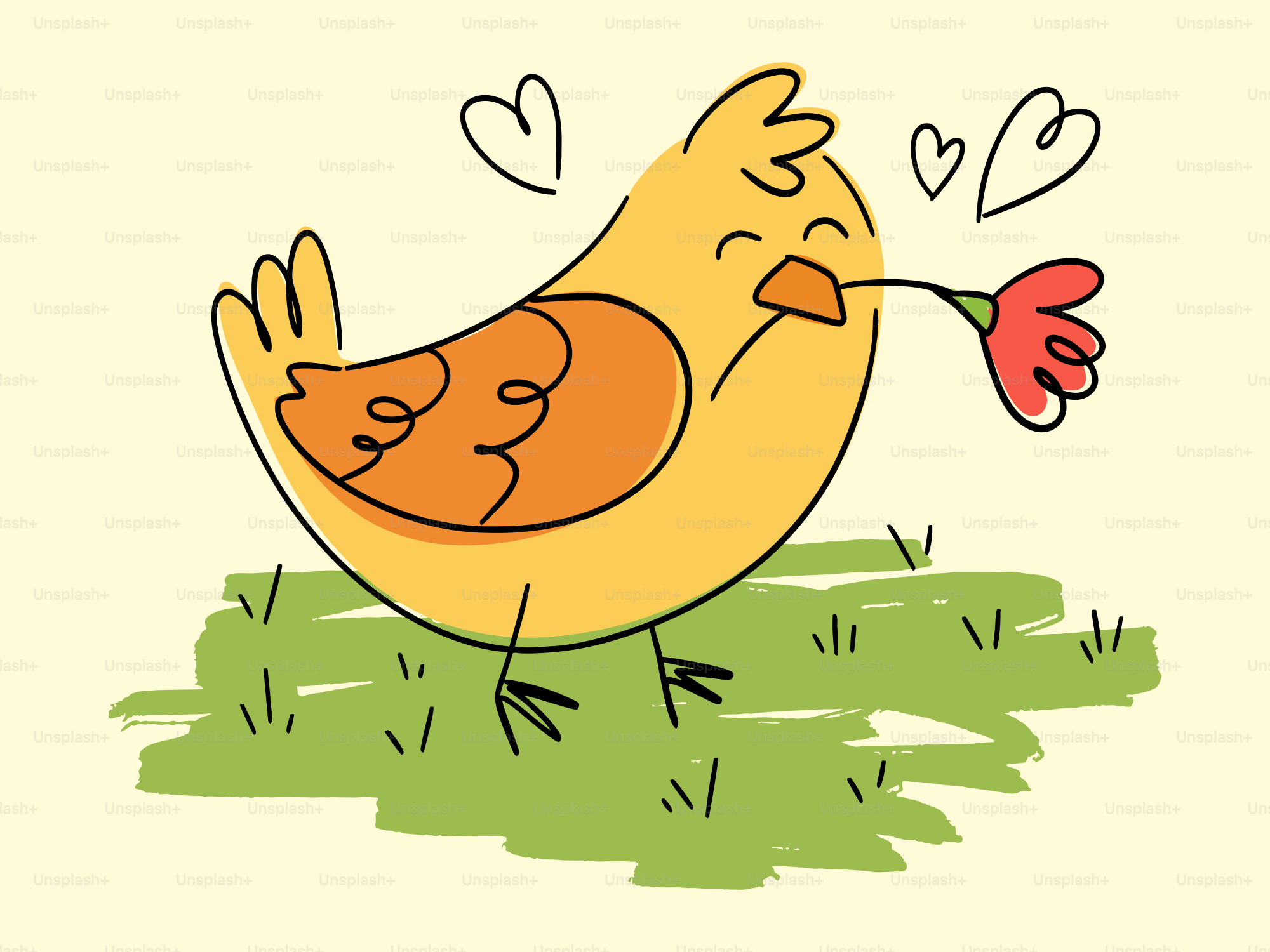 Un carino pollo dei cartoni animati che tiene un fiore