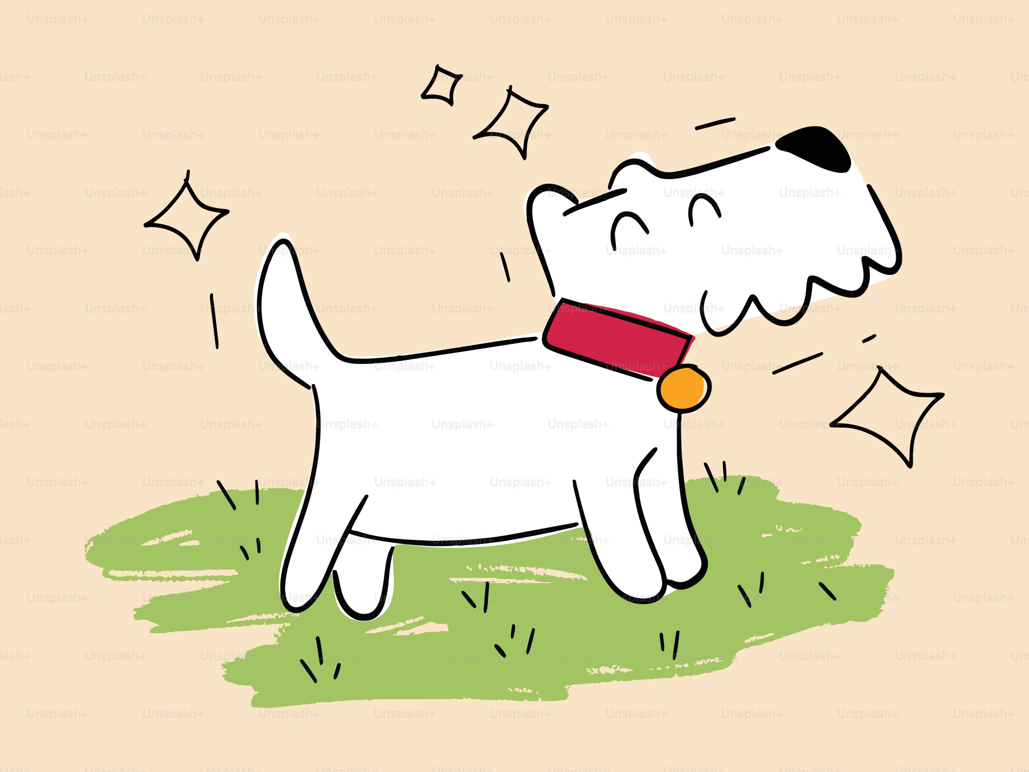 Ein fröhlicher weißer Hund mit rotem Halsband auf Gras.