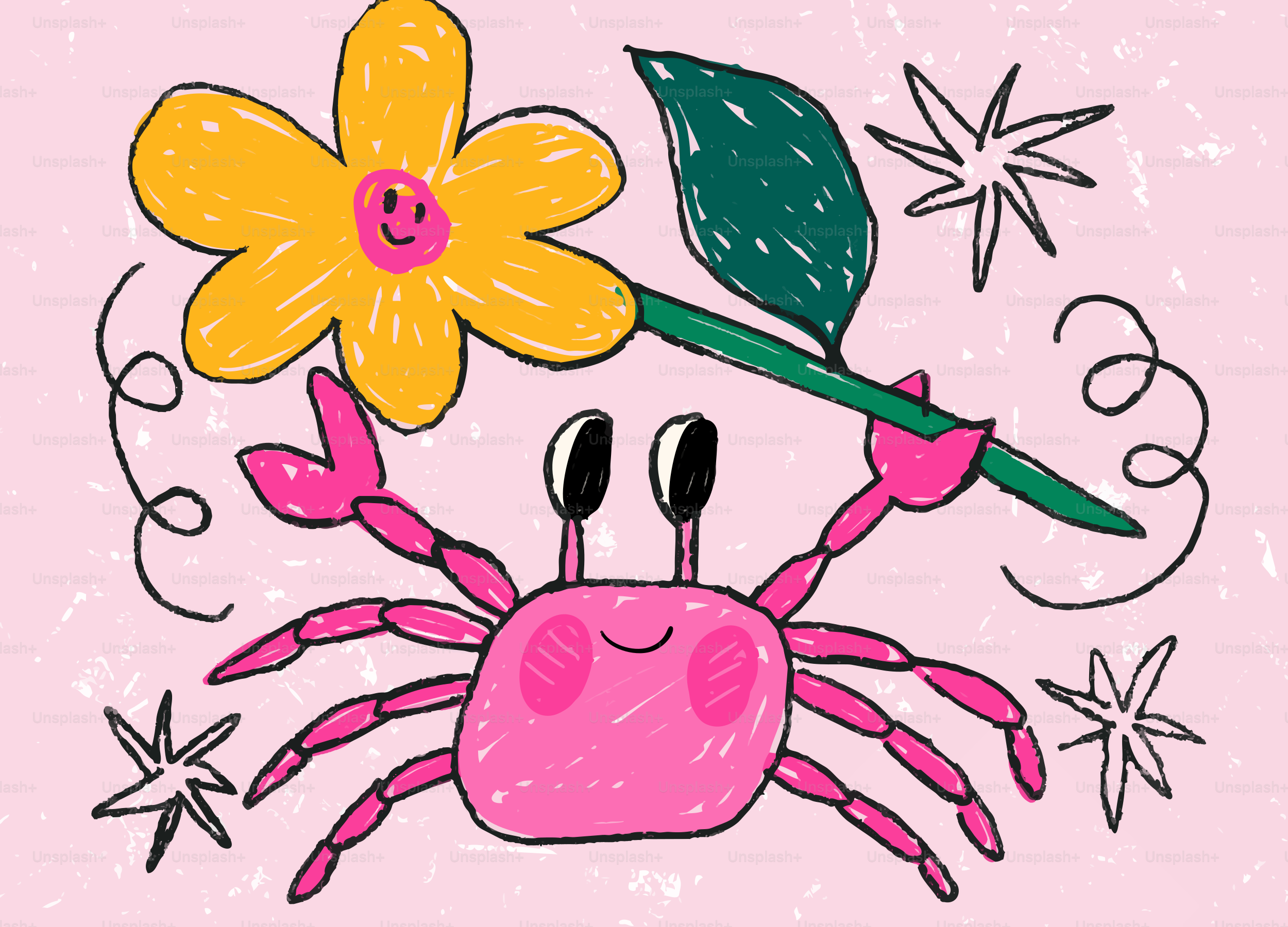 Um caranguejo rosa fofo segurando uma flor amarela.