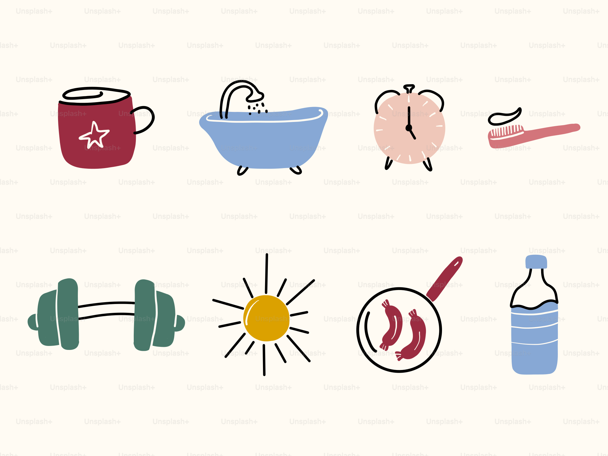 Daily routine icons: coffee, bath, alarm, hygiene, exercise, and food