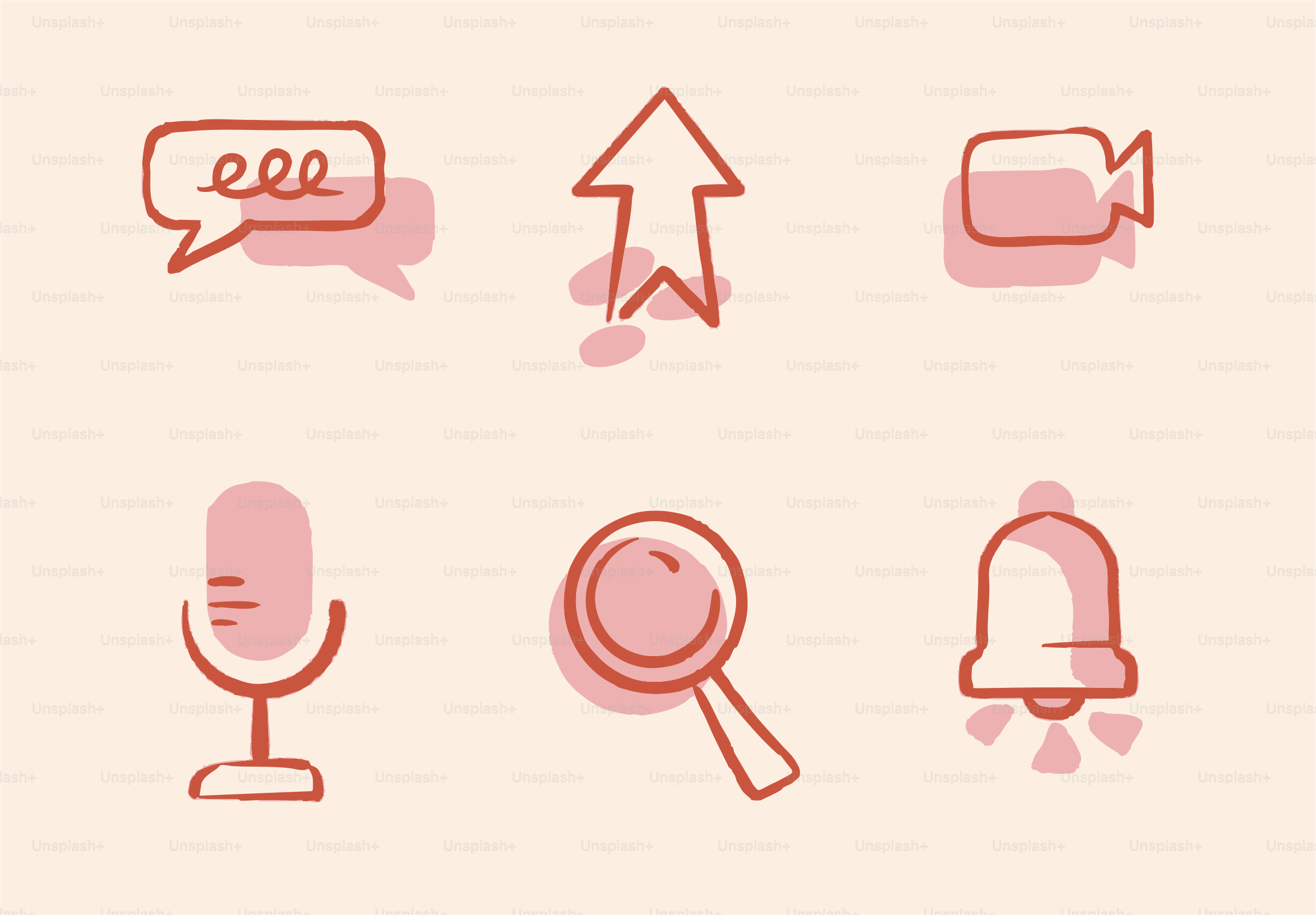 Seis iconos dibujados a mano sobre fondo crema