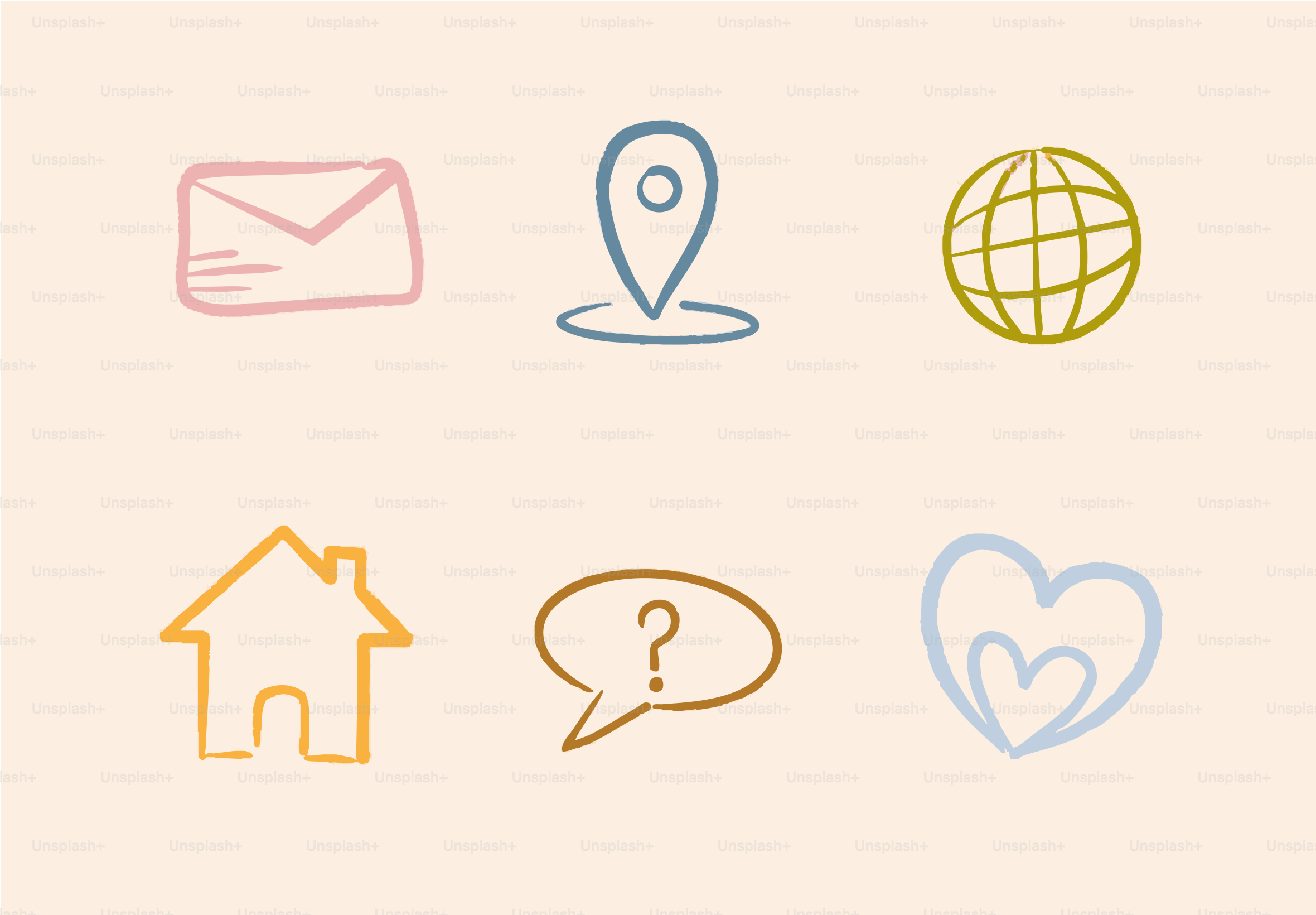 Sechs Kritzelei-Symbole für Kontakt und Navigation