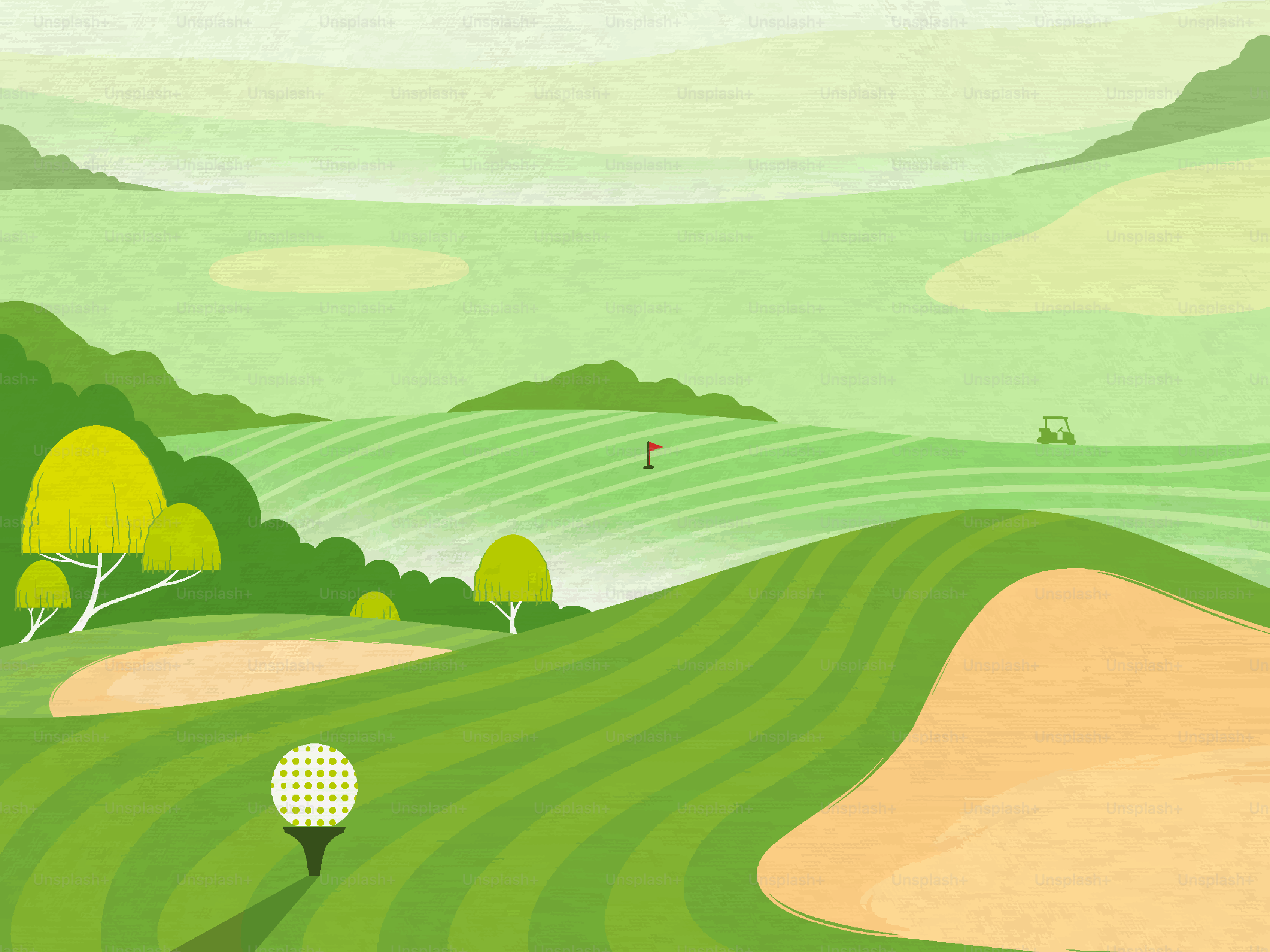 Golf course with sand traps and rolling green hills