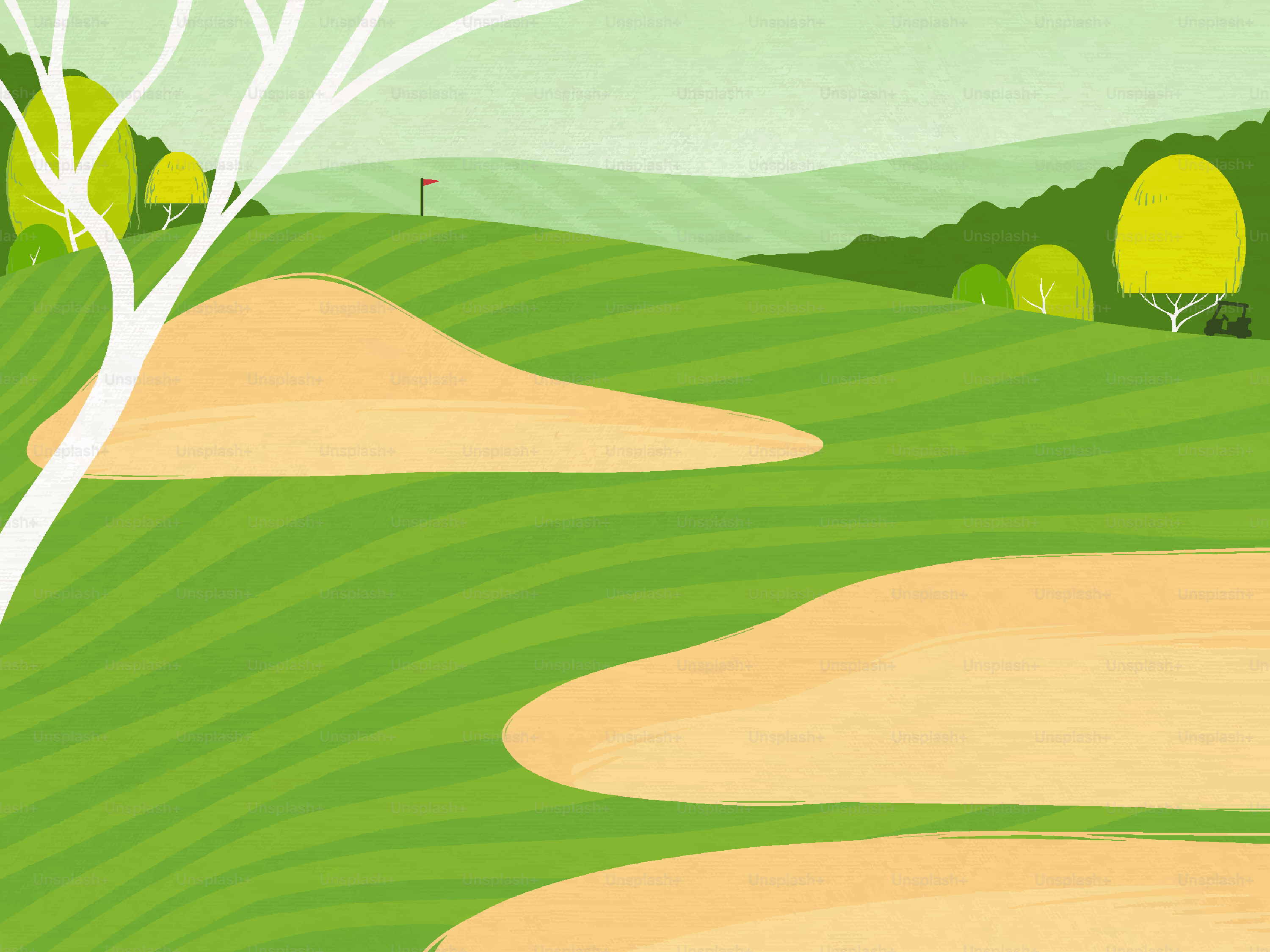 砂のトラップと緑の丘があるゴルフコース