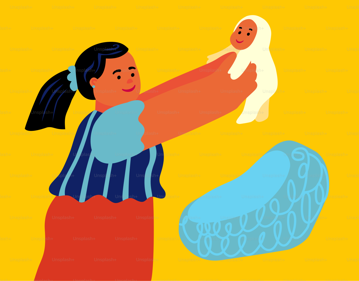 Woman holding a baby with a blue basket