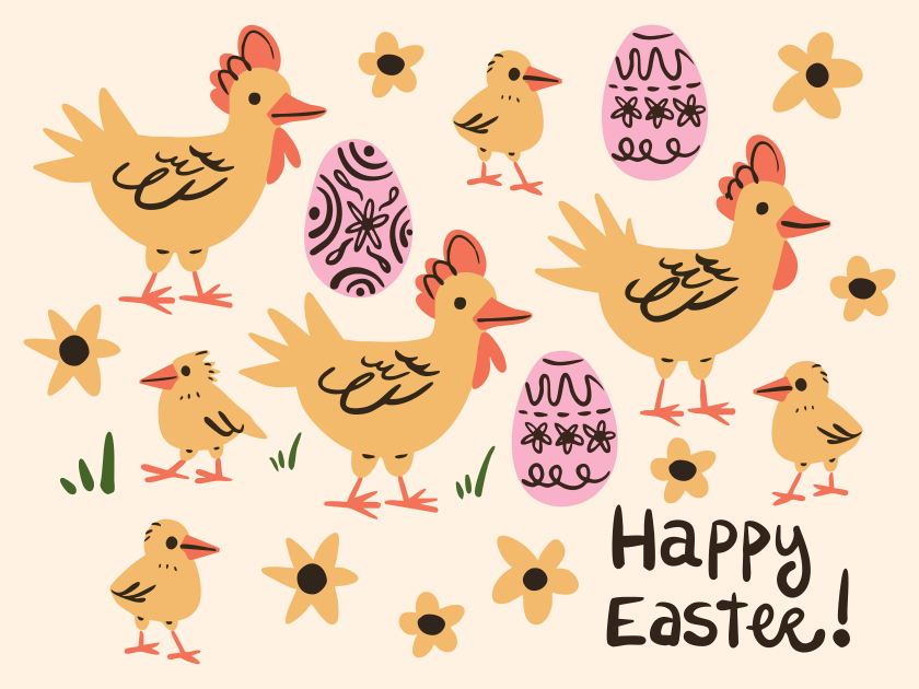 Feliz Pascua con gallinas y huevos decorados