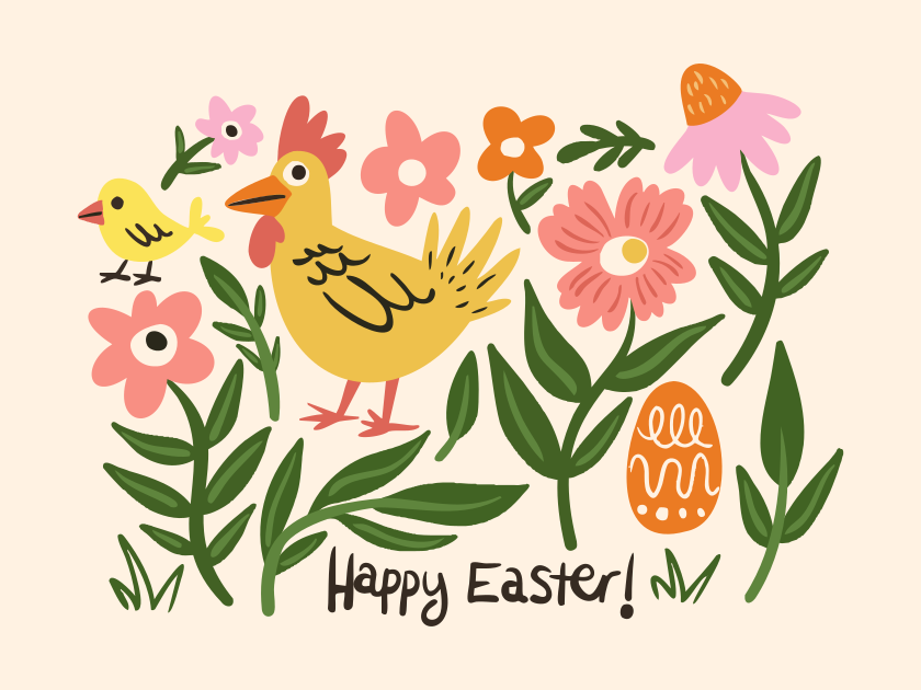 Ilustrasi Paskah yang ceria dengan ayam, anak ayam, dan bunga