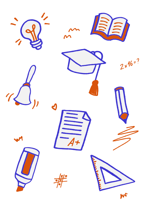 School and education icons including lightbulb, book, and graduation cap.