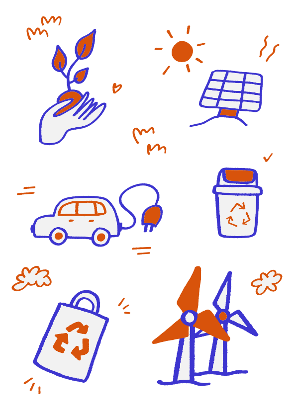 Eco-friendly icons: plant, solar panel, car, bin, bag, windmills.