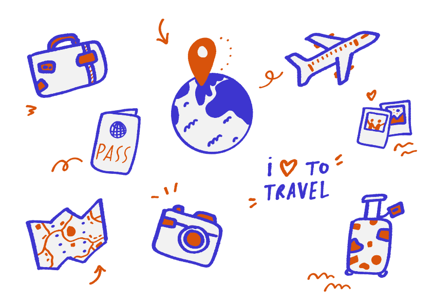 Travel essentials surrounding a globe with a location pin.