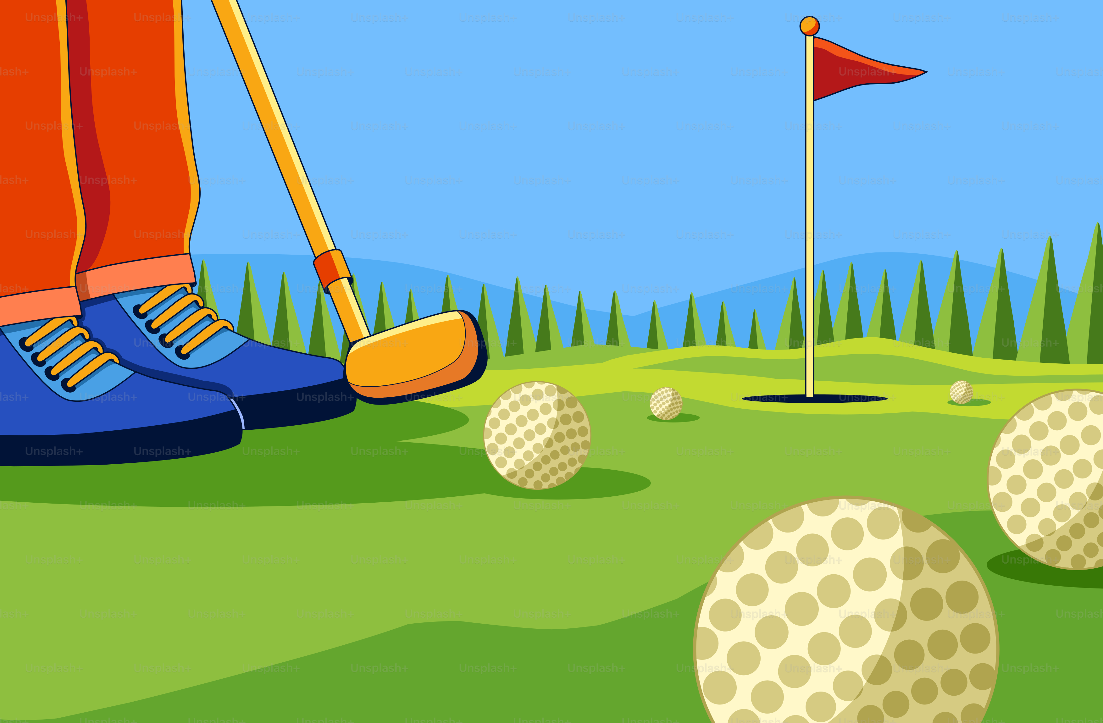 Golfer putting on a green with flag and flag